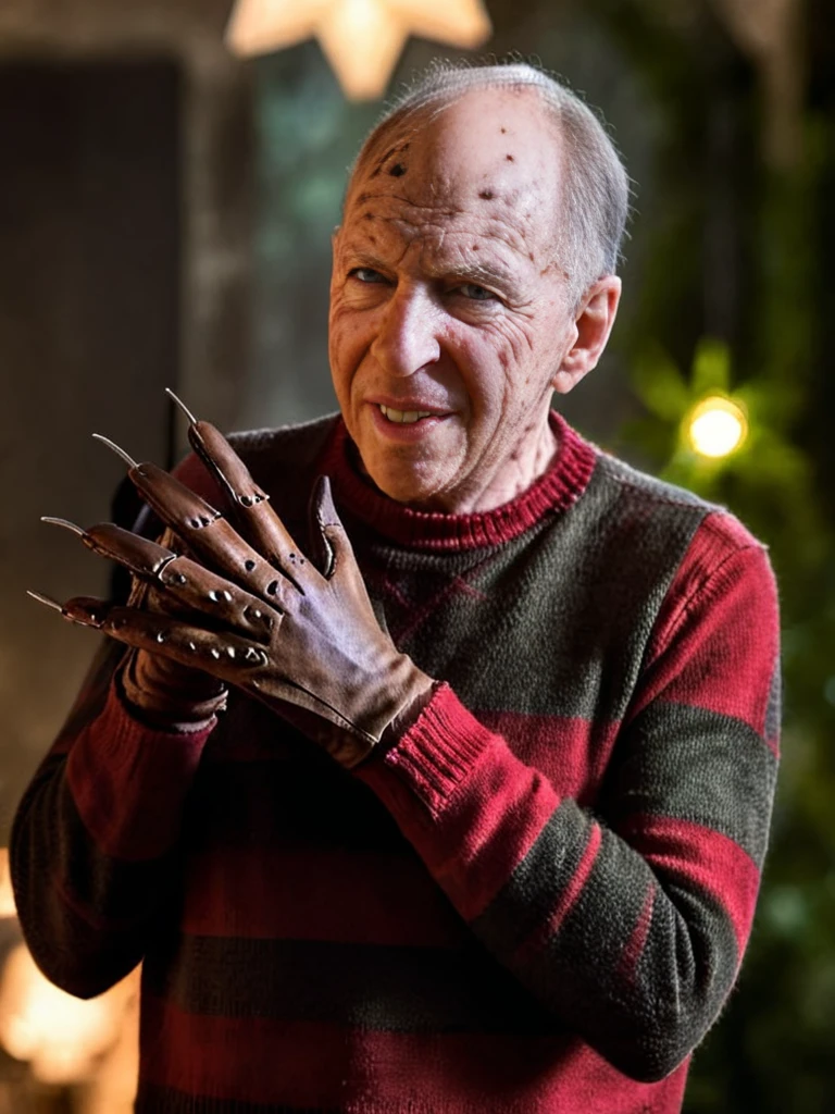 cinematic film still Jacob Rothschild as FreddyKrueger <lora:JacobRothschildXL-128:1> <lora:FreddyKrueger:0.7>, holding up his claw glove . shallow depth of field, vignette, highly detailed, high budget, bokeh, cinemascope, moody, epic, gorgeous, film grain, grainy