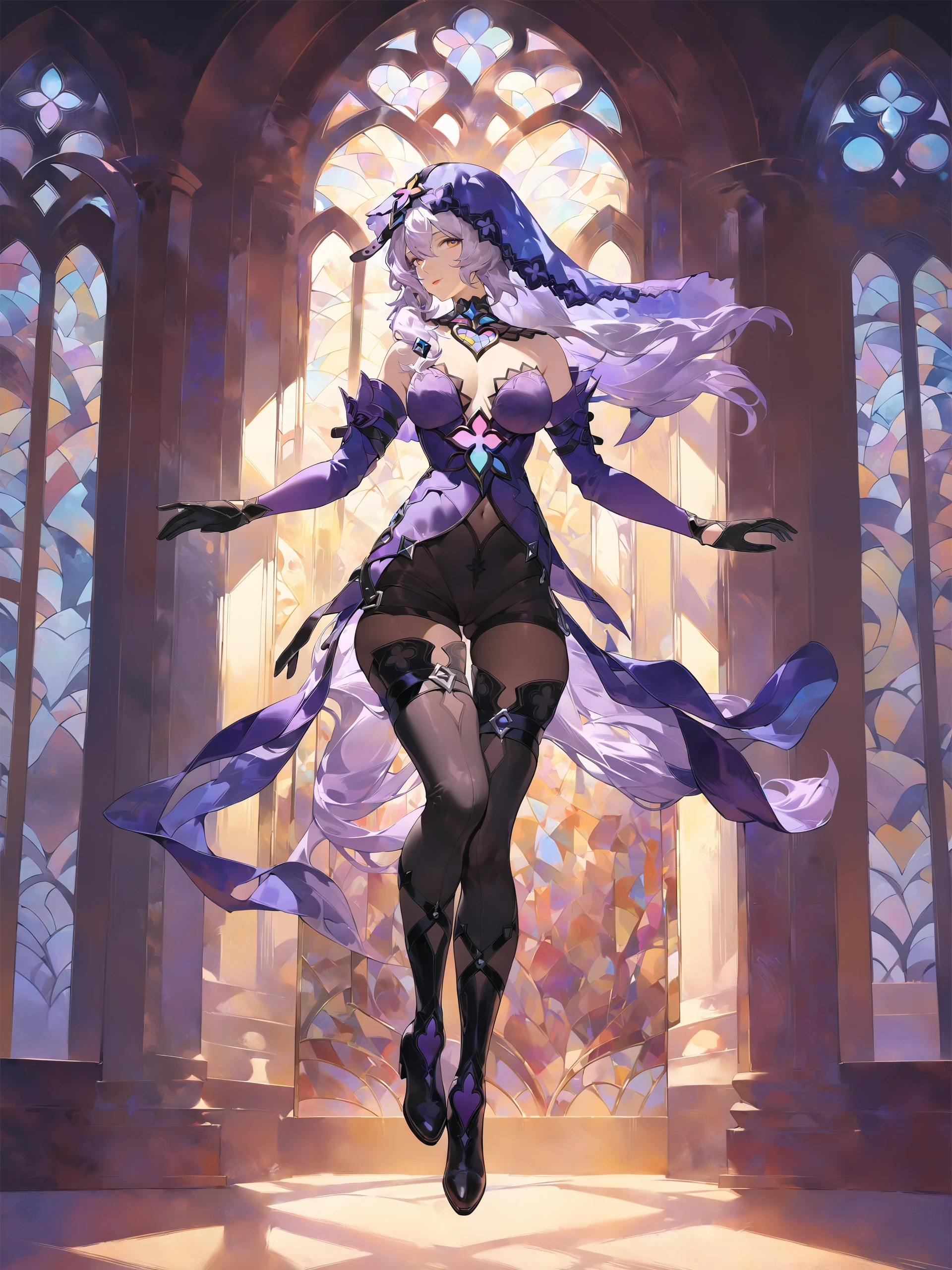 UHD, masterpiece, best quality, extremely detailed, anatomically correct, sharp focus, Midnight, purple moon, Church , altar isle, falling petals, ((full body portrait)), 1girl, solo, camilavtuber, ((pink hair)), short hair, shoulder length hair, ((black head wings)), ((twin ponytail)), purple eyes, facial mark, slim arms, white arm sleeves, white gloves, small chest, 1devil wing, white long gown, high slit gown, slim legs, white stockings, black high heels, full body shot, close up, innocent pose, Eye-Level Shot, front view, innocent pose