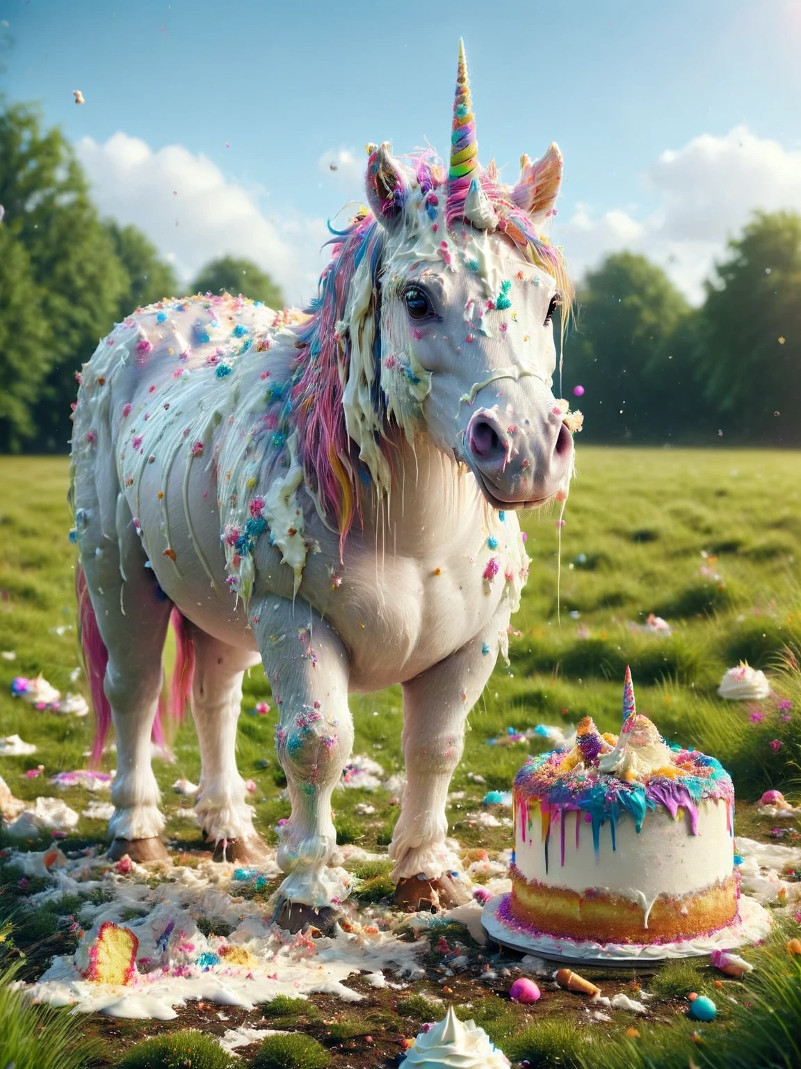 ais-cakemess unicorn standing in a field <lora:Cake_Mess_SDXL:1>