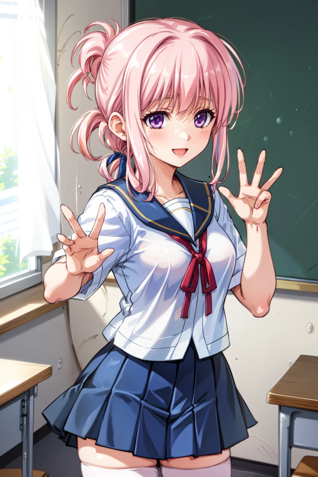 masterpiece, best quality, 1girl, solo, <lora:NojimaHotori_v1:0.75>, classroom, indoors, upper body, standing, school uniform, shy, embarrassed, blue skirt, folded ponytail, purple eyes, pink hair, white socks, thighhighs, loafers, zettai ryouiki, serafuku, hair ornament, (portrait, closeup:1.4), blush, smile, waving, red ribbon, peace sign,