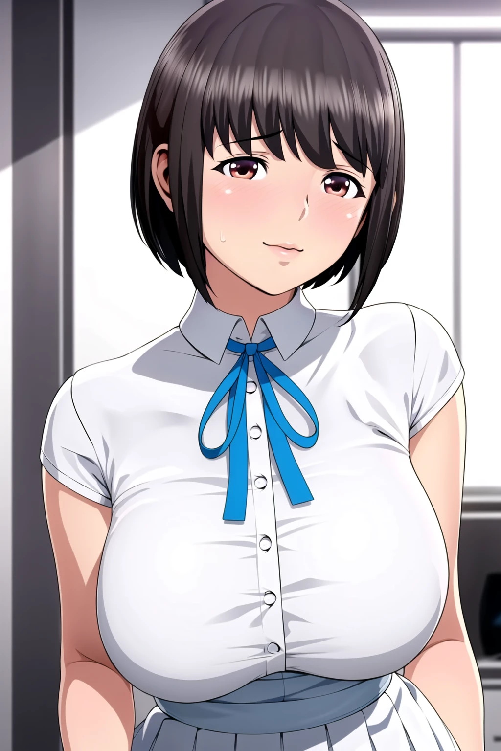 Simple White Background,
white shirt,blue ribbon, short sleeves, pleated skirt,
<lora:Yui_Molestation-KK77-V1:0.7>,
brown eyes, brown hair,bangs,short hair,
<lora:Oda_Non_Style-KK77-V2:0.3>,<lora:more_details:0.1>,
1 girl, 20yo,Young female,Beautiful long legs,Beautiful body,
Beautiful Nose,Beautiful character design, perfect eyes, perfect face,expressive eyes,perfect balance,
looking at viewer,(Focus on her face),closed mouth, (innocent_big_eyes:1.0),(Light_Smile:0.3),
official art,extremely detailed CG unity 8k wallpaper, perfect lighting,Colorful, Bright_Front_face_Lighting,White skin,
(masterpiece:1.0),(best_quality:1.0), ultra high res,4K,ultra-detailed,
photography, 8K, HDR, highres, absurdres:1.2, Kodak portra 400, film grain, blurry background, bokeh:1.2, lens flare, (vibrant_color:1.2),professional photograph,
(Beautiful,large_Breasts:1.4), (beautiful_face:1.5),(narrow_waist),