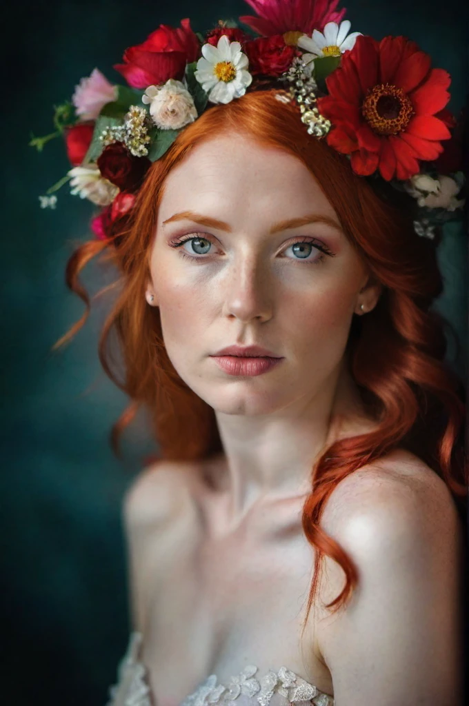 A photo of a (woman adorned with flowers:1.3), (vivid red hair:1.2), (piercing gaze:1.4), floral headpiece, (soft petals against skin:1.1), (natural beauty:1.2), (contrast of colors:1.3), intimate portrait, Canon EOS 5D Mark IV, 1/200s, f/2.8, ISO 100, (depth of field:1.1), (delicate bloom textures:1.2), (poetic composition:1.3).