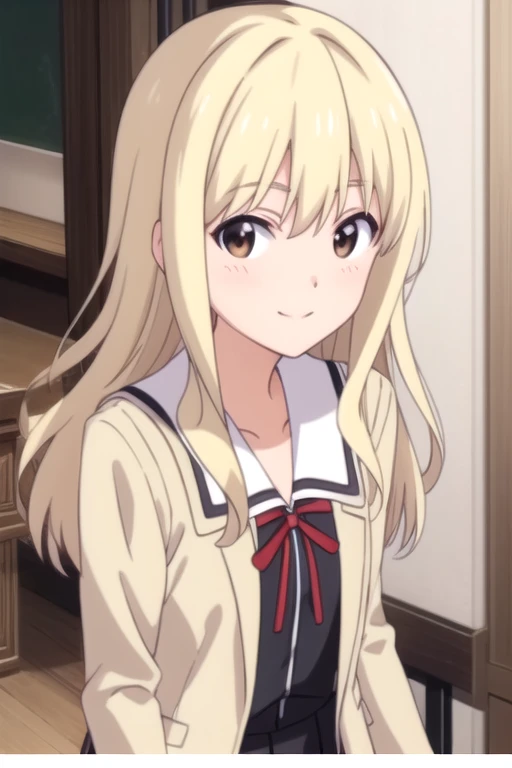 ((masterpiece)),(best quality),official art,extremely detailed CG,unity 8k wallpaper,ultra detailed,beautiful detailed eyes,extremely detailed face,1girl,solo,upper body,(portrait:1.5),looking at viewer,facing viewer,smile,blush,blonde_hair,sidelocks,bangs,brown_eyes,collarbone,school_uniform,beige jacket,open jacket,neck_ribbon,red_ribbon,black dress,medium breasts,long sleeves,black skirt,pleated skirt,zettai ryouiki,white thighhighs,loafers,<lora:Sumino Sayaka(ag)>,