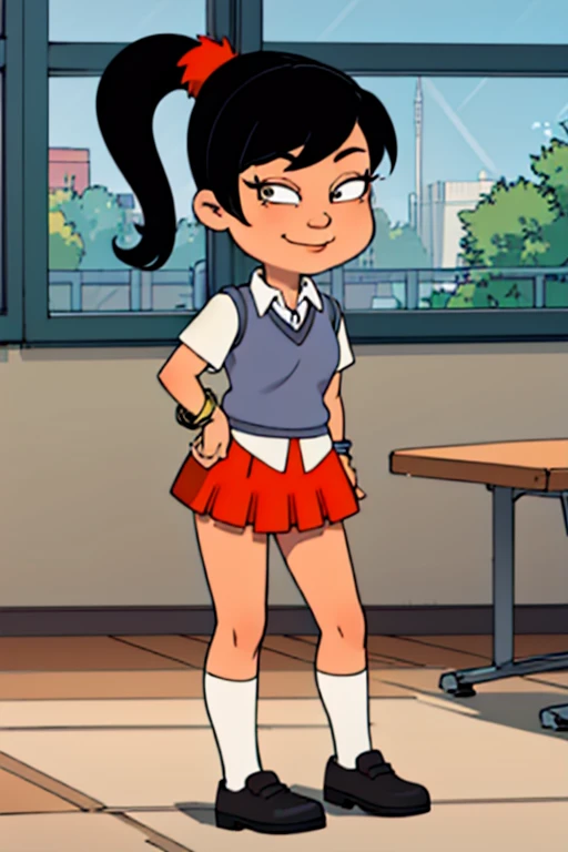 <lora:Akiko.AD-000009:0.6> akiko, 1girl, black hair, solo, ponytail, sweater vest, school uniform, orange skirt, socks, shirt, short sleeves, shoes,bracelet smile, ,looking at viewer,