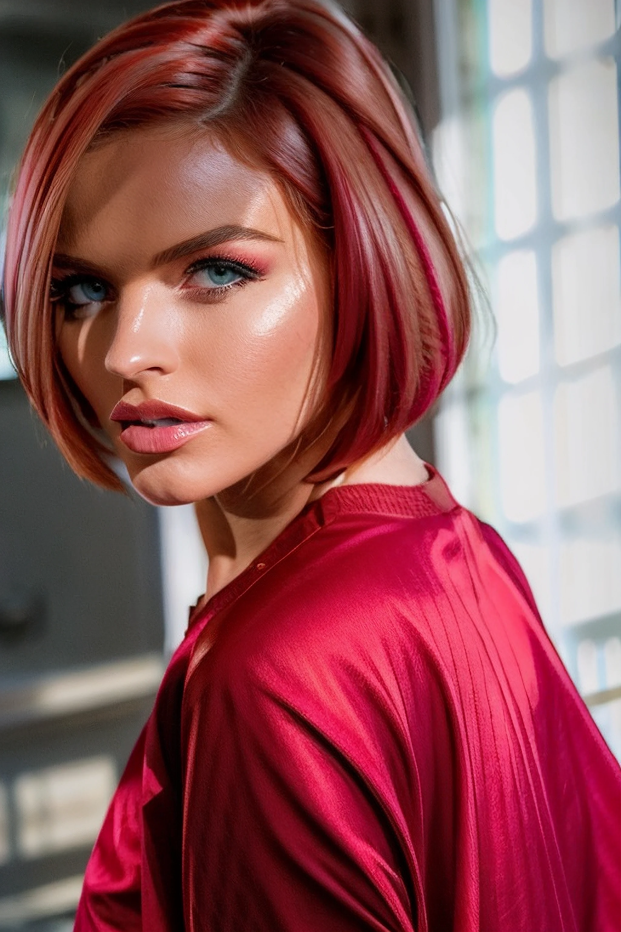 krissy , feathers, colorful bird feathers, candid snapshot of 1girl, looking back, ((looking at viewer)), feather jacket, eyeliner, bob haircut, shiny lips, pink lip gloss, eye shadow (((red hair))), face details, feather background, dust particles, lens flare, freckles, light particles, depth of field, masterpiece, vivid color, motion blur, wide eyes, oversaturated color