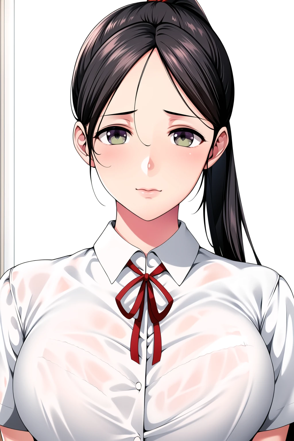 Simple White Background,
white shirt, short sleeves, red neck ribbon,
<lora:InCha_Bishoujowa-KK77-V1:0.7>,ponytail,
green eyes, black hair,bangs,
<lora:Oda_Non_Style-KK77-V2:0.3>,<lora:more_details:0.1>,
1 girl, 20yo,Young female,Beautiful long legs,Beautiful body,
Beautiful Nose,Beautiful character design, perfect eyes, perfect face,expressive eyes,perfect balance,
looking at viewer,(Focus on her face),closed mouth, (innocent_big_eyes:1.0),(Light_Smile:0.3),
official art,extremely detailed CG unity 8k wallpaper, perfect lighting,Colorful, Bright_Front_face_Lighting,White skin,
(masterpiece:1.0),(best_quality:1.0), ultra high res,4K,ultra-detailed,
photography, 8K, HDR, highres, absurdres:1.2, Kodak portra 400, film grain, blurry background, bokeh:1.2, lens flare, (vibrant_color:1.2),professional photograph,
(Beautiful,large_Breasts:1.4), (beautiful_face:1.5),(narrow_waist),