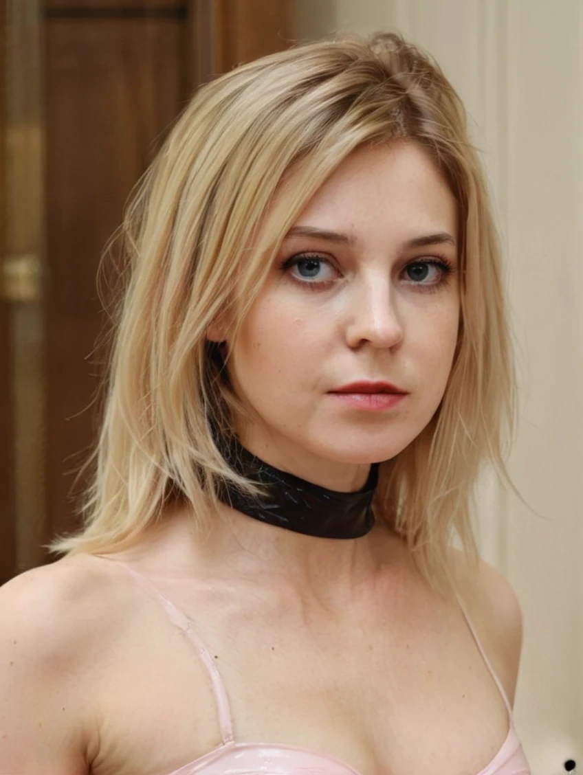 a beautiful picture of natpok, masterpiece, photorealistic, woman, detailed face, 4k, light, RAW color photo,(fully in frame:1.1), detailed skin texture, (blush:0.5), (goosebumps:0.5),pale blonde hair,(paris:1.2) bedroom,wearing a (latex bodysuit:1.2)<lora:natpok2:1> face closeup