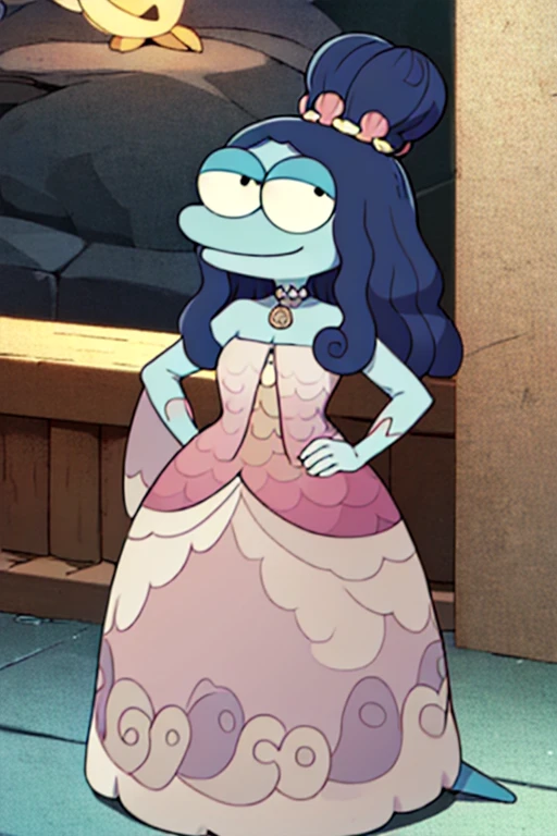 <lora:ladyolivia:0.6> ladyolivia, 1girl, solo, long hair, colored skin, blue hair, monster girl, blue skin, smile, shell, black hair,dress,looking at viewer, hand on hip,