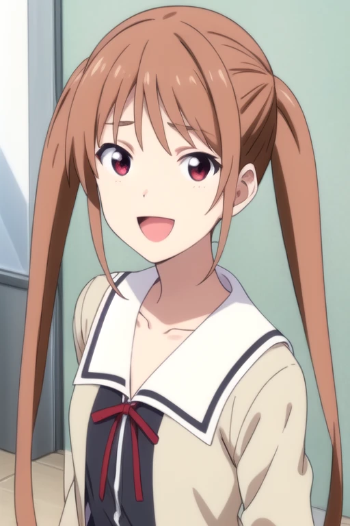 ((masterpiece)),(best quality),official art,extremely detailed CG,unity 8k wallpaper,ultra detailed,beautiful detailed eyes,extremely detailed face,1girl,solo,upper body,(portrait:1.5),looking at viewer,facing viewer,smile,:d,very_long_hair,twintails,brown_hair,sidelocks,bangs,red_eyes,open_mouth,collarbone,school_uniform,red_ribbon,small_breasts,black_skirt,pleated_skirt,black_socks,loafers,<lora:Hanabatake Yoshiko(ag)>,