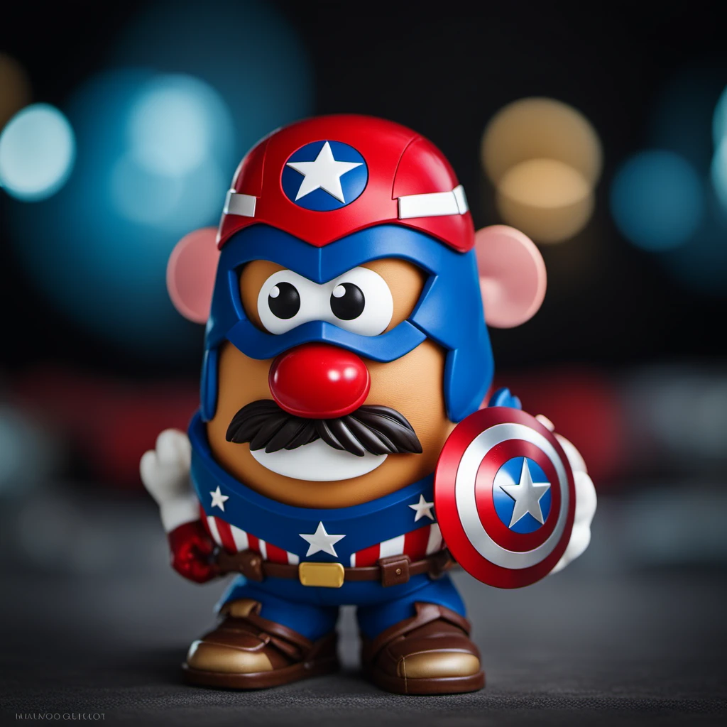 cinematic photo MrPotatoeHead1024 as captain america <lora:MrPotatoeHead1024-000150:0.8> . 35mm photograph, film, bokeh, professional, 4k, highly detailed