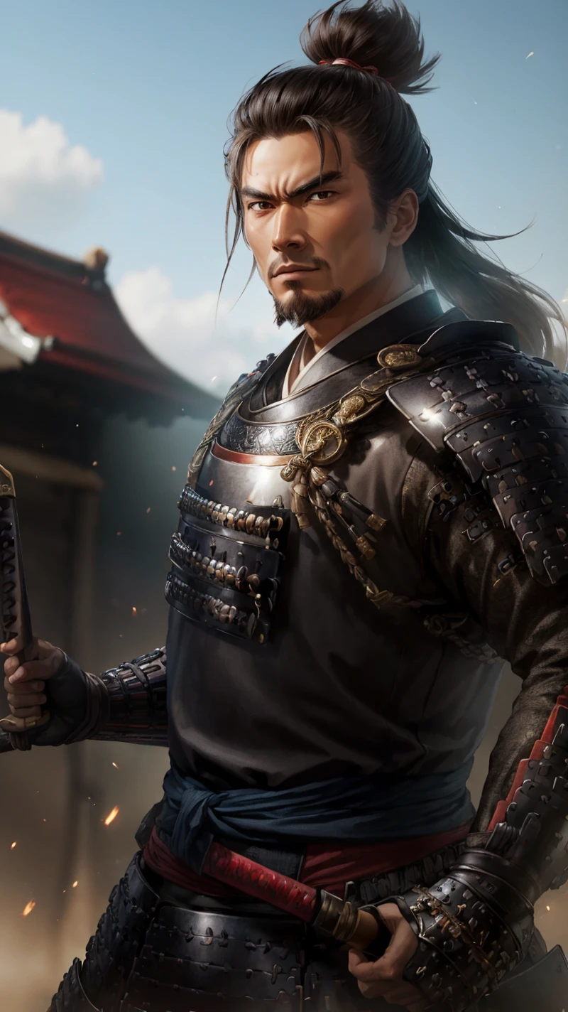 best quality,masterpiece,highly detailed,ultra-detailed,
<lora:neg4all_bdsqlsz_V3.5:-1>
A warrior wearing heavy armor, meticulously crafted with shiny metallic surfaces. The armor features intricate engravings and is adorned with a deep red attire, creating a striking contrast. The hairstyle is short and well-groomed, emphasizing the samurai's decisiveness and courage.
<lora:nobunagakatana:1>