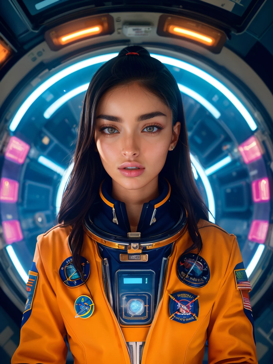 (wide angle, closeup portrait), beautiful (block_emwil:0.99), a woman as an astronaut, wearing uniform, in space station hallway with neon lights, serious face, (analog, cinematic, film grain), (color picture:1.1), (looking at viewer), shot with Fuji XT3