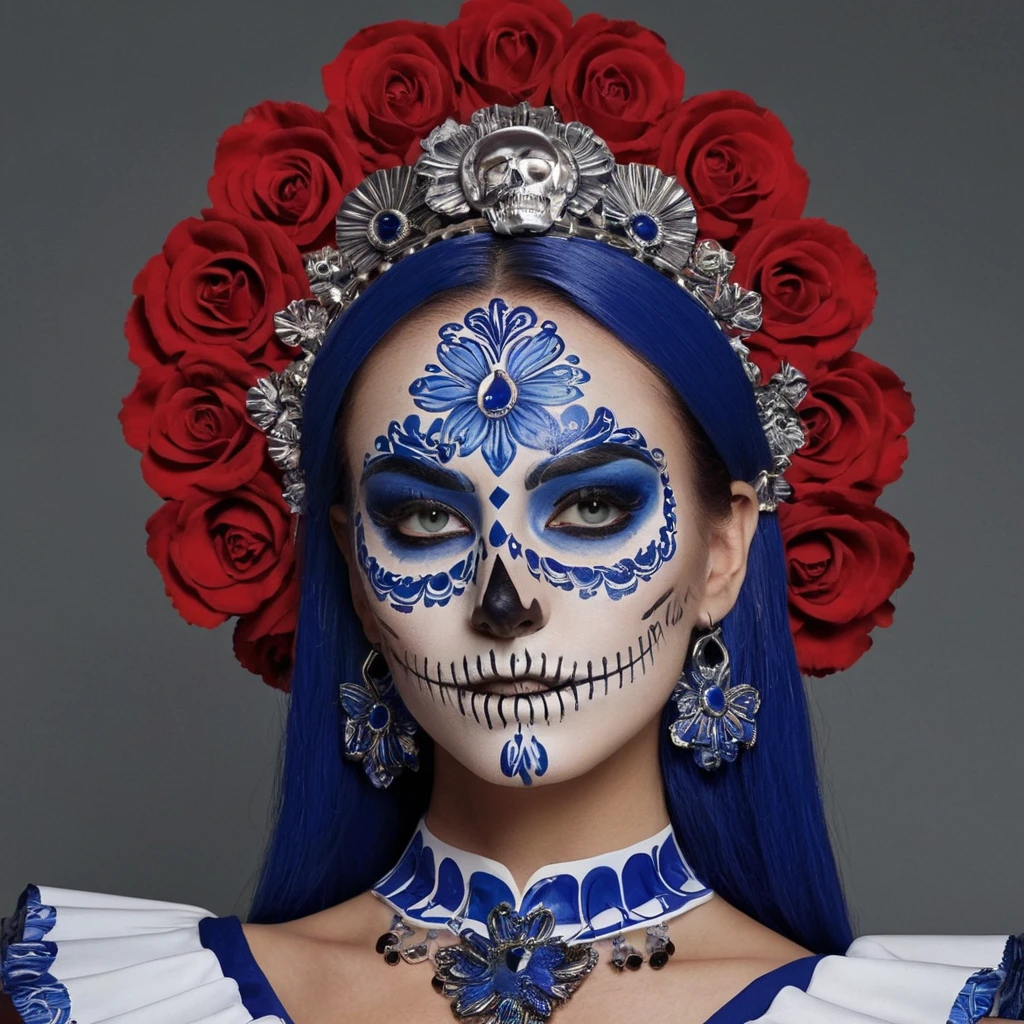 ((blue and white t1 skull makeup,mexican talavera dress)).flower crown:1,sexy