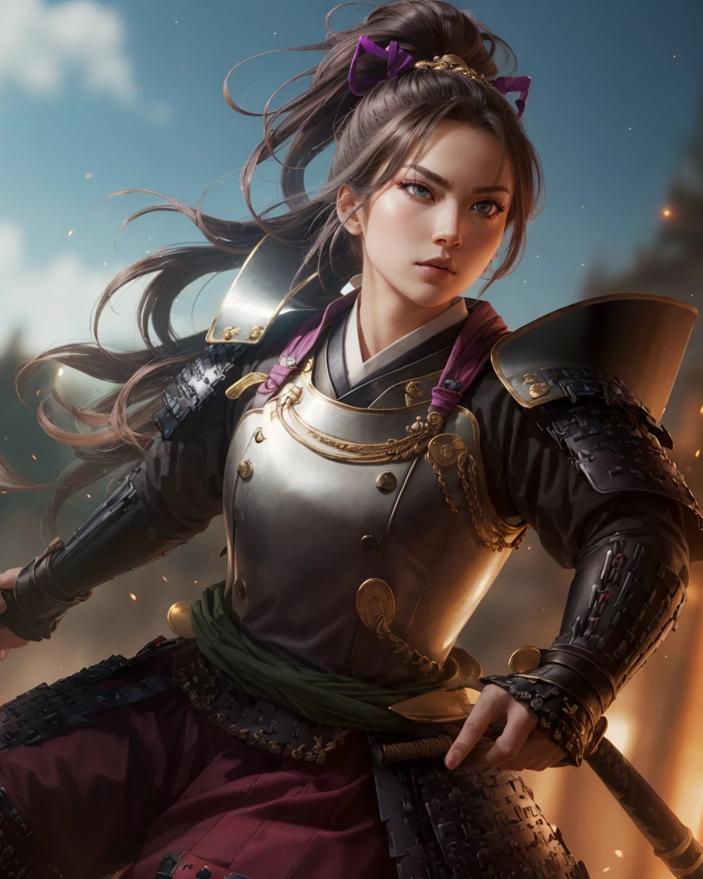 best quality,masterpiece,highly detailed,ultra-detailed,
<lora:neg4all_bdsqlsz_V3.5:-1>
A samurai adorned in golden armor with silver embellishments, exuding opulence and nobility. The clothing is primarily deep green, complementing the armor's richness. The hairstyle is neatly arranged, with a simple yet elegant hairpin adorning the top.
<lora:nobunagakatana:1>, medieval,1girl,(Cuisses),An armor made of upper leg armor,Moderate breasts ,, narrow waist, Shaved Sides with Neon Streaks - Magenta , fantastic details full face, dot nose,detailed Mismatched eyes, magenta and teal iris, angled eyebrows, deep purple and teal beautiful Detailed Eyes, lips at (Epic Battles:1.3), Grand and dramatic clashes between forces, often determining the fate of kingdoms,