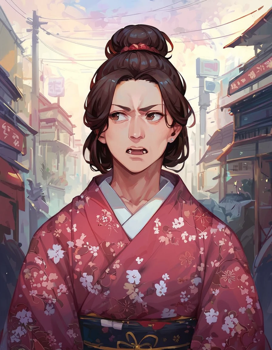 score_9, score_8_up, score_7_up, best quality, masterpiece,
anime, old woman, solo, nasolabial folds, brown hair, bun, serious, open mouth, kimono,
looking away, tokyo street, upper body, (facing viewer)
<lora:anipony_XL:0>