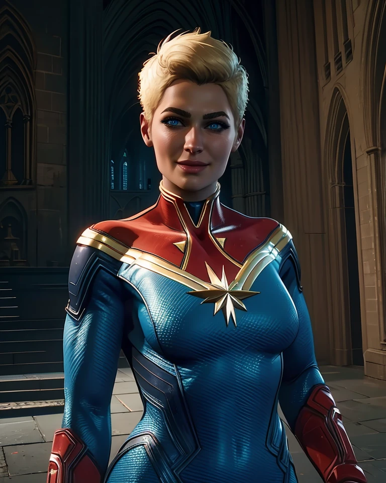 CaptianMarvel,blue eyes,blonde hair,short hair,
body suit,red gloves,gold trim,skin skin tight, cleavage, light smile,
standing,upper body,
night,outdoors,cathedral,
(insanely detailed,masterpiece, best quality),<lora:CaptianMarvel-12MDS:0.9>,