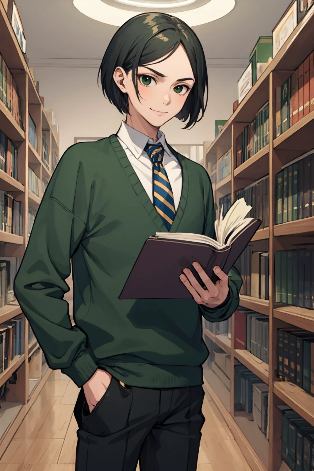 masterpiece, best quality, solo, male focus, 1boy, wavervelvet, slight smile, looking at viewer, holding book, green sweater, necktie, pants, indoors, library <lora:fate_wavervelvet_zero-10:1>