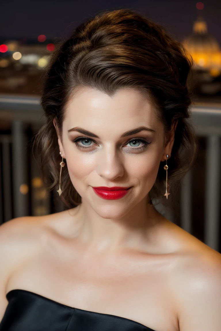 Professional photograph of JDG Woman, (portrait), she's looking at the camera, smiling, wearing red lipstick, eyeliner, earrings. She's wearing a black formal dress. Standing in a balcony, overlooking city of Rome. Modern Rome, night time, starry sky background, palazzos, beautiful buildings. She has dark hair, her hair is pulled back and combed to the sides, she has blue eyes, and a beautiful smile. 4k, 8k, masterpiece, highest quality, bokeh, absurdres <lora:Jessica De Gouw 1.0 by Mal-1716:0.8> <lora:add_detail:0.6> brow risen