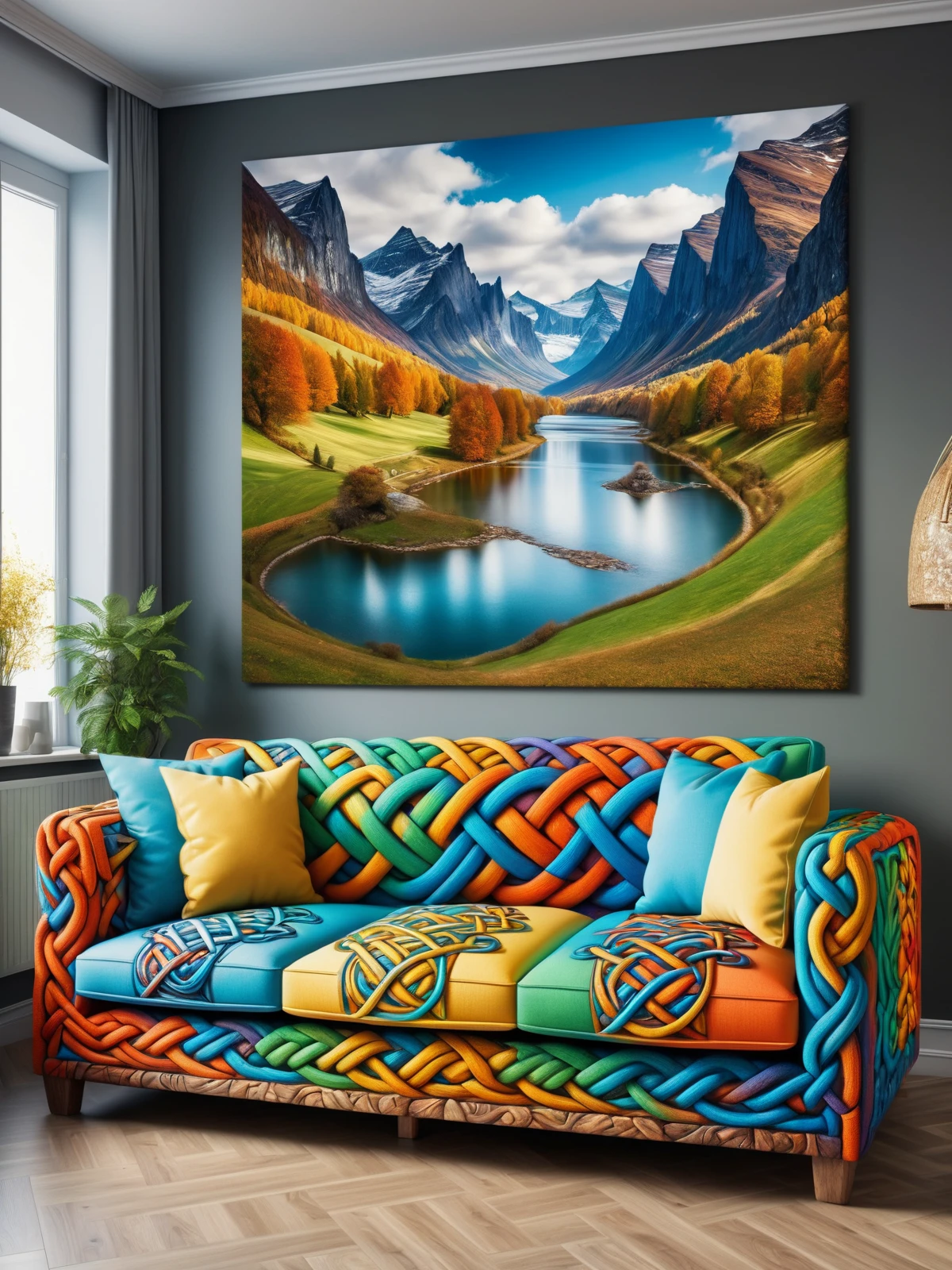 colorful mad-viking-knot sofa in living room, photo of a landscape on the wall  <lora:Colorful_Viking_Knot_SDXL:0.5>, (masterpiece:1.2), best quality, (hyperdetailed, highest detailed:1.2), high resolution textures