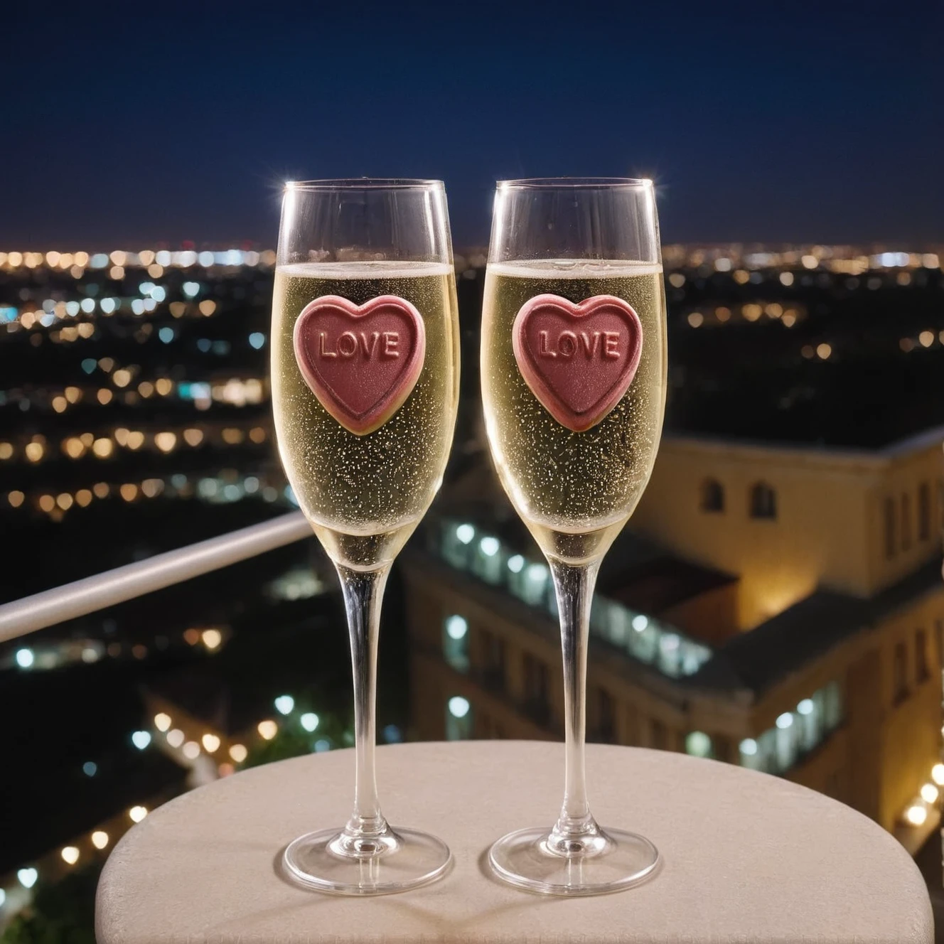 A pair of champagne flutes, one filled with ais-heartz, on a balcony overlooking a city at night. <lora:Love_Hearts_SDXL:1>, 4k, uhd,masterpiece