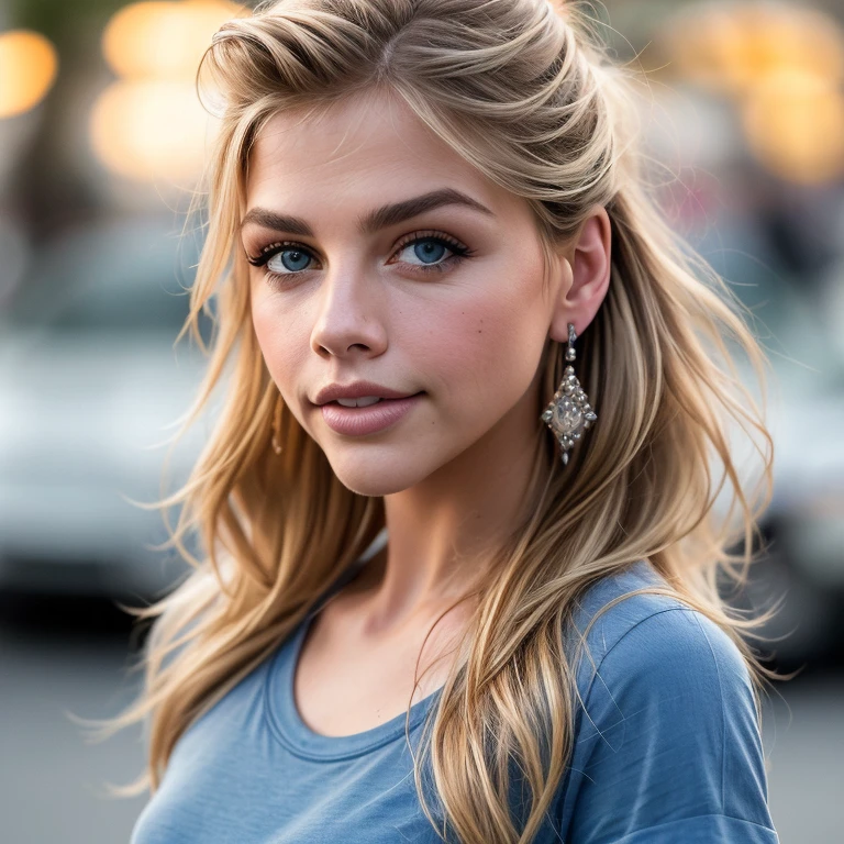 a photo of mar1na-001, blue shirt, blurry background, bokeh, building, casual, earrings, jewelry, looking at viewer, photo \(medium\), photorealistic, realistic, shirt, short sleeves, solo, t-shirt, upper body, smile. PA7_Human-Likeness