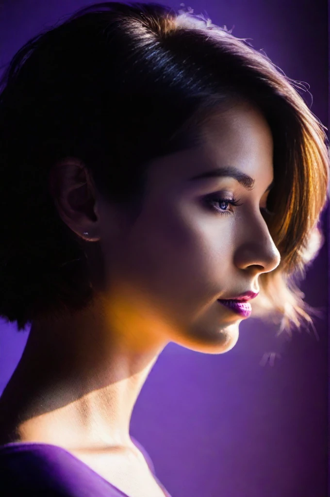 A photo of a (silhouetted profile:1.3), (vibrant purple backlight:1.2), (mysterious ambiance:1.1), (soft hair outline:1.1), (strong nose bridge:1.1), (portrait outline:1.2), simplicity in form, (visible ear curve:1.0), Sony α7R IV, 1/250s, f/4, ISO 500, (bold color palette:1.2), (distinct contrast:1.2), (minimalist aesthetic:1.1), (backlit texture:1.1), high resolution, (negative space:1.2).