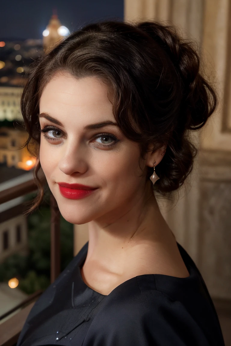 Professional photograph of JDG Woman, (portrait), she's looking at the camera, smiling, wearing red lipstick, eyeliner, earrings. She's wearing a black formal dress. Standing in a balcony, overlooking city of Rome. Modern Rome, night time, starry sky background, palazzos, beautiful buildings. She has dark hair, her hair is pulled back and combed to the sides, she has blue eyes, and a beautiful smile. 4k, 8k, masterpiece, highest quality, bokeh, absurdres <lora:Jessica De Gouw 1.0 by Mal-1716:0.8> <lora:add_detail:0.6> brow risen