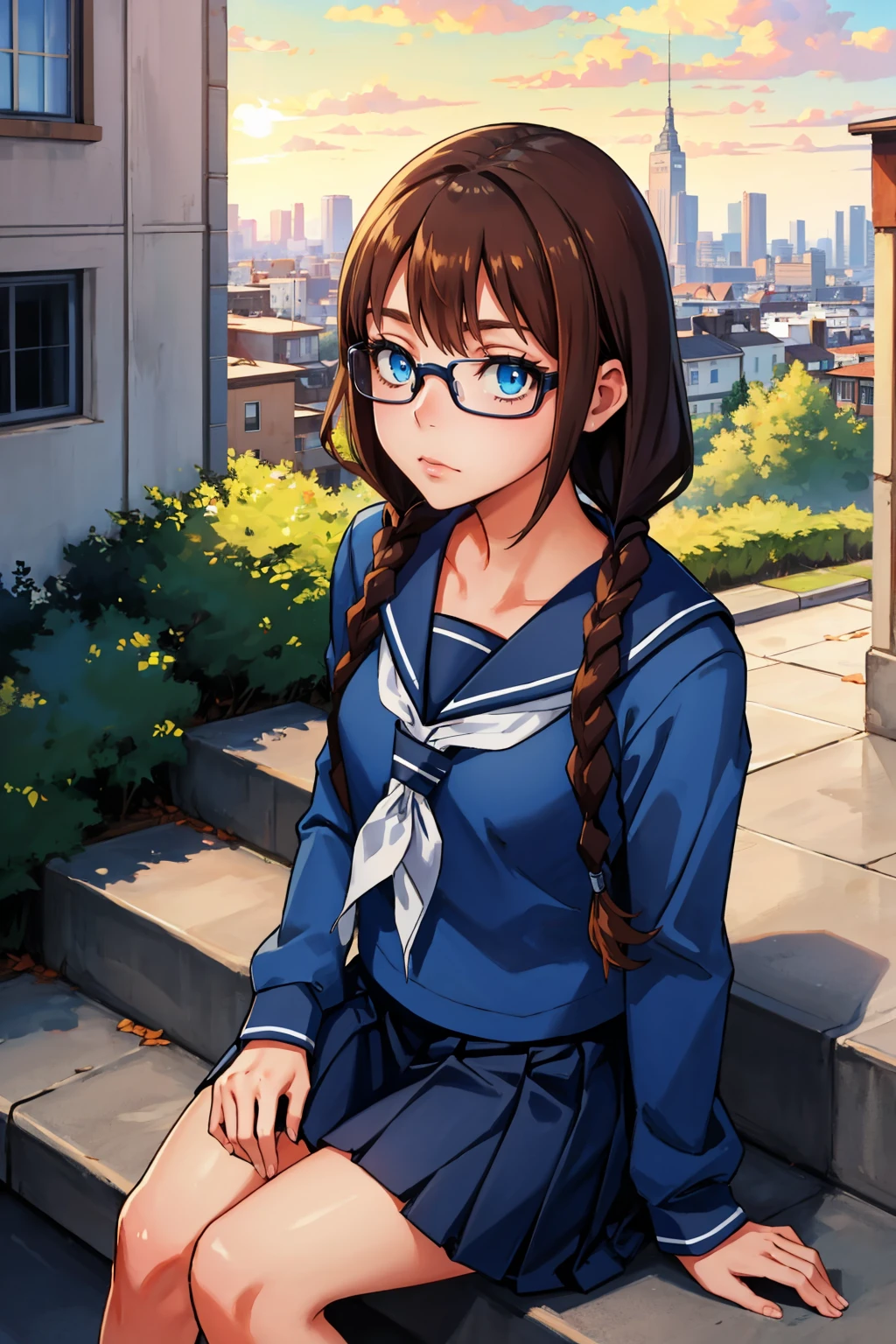 masterpiece, best quality, <lora:yoshidasaki-nvwls-v1-000008:0.9> defSaki, blue eyes, long twin braids, hair over shoulders, glasses, blue shirt, serafuku, long sleeves, pleated skirt, sitting, stairs, cityscape, blue sky, looking up