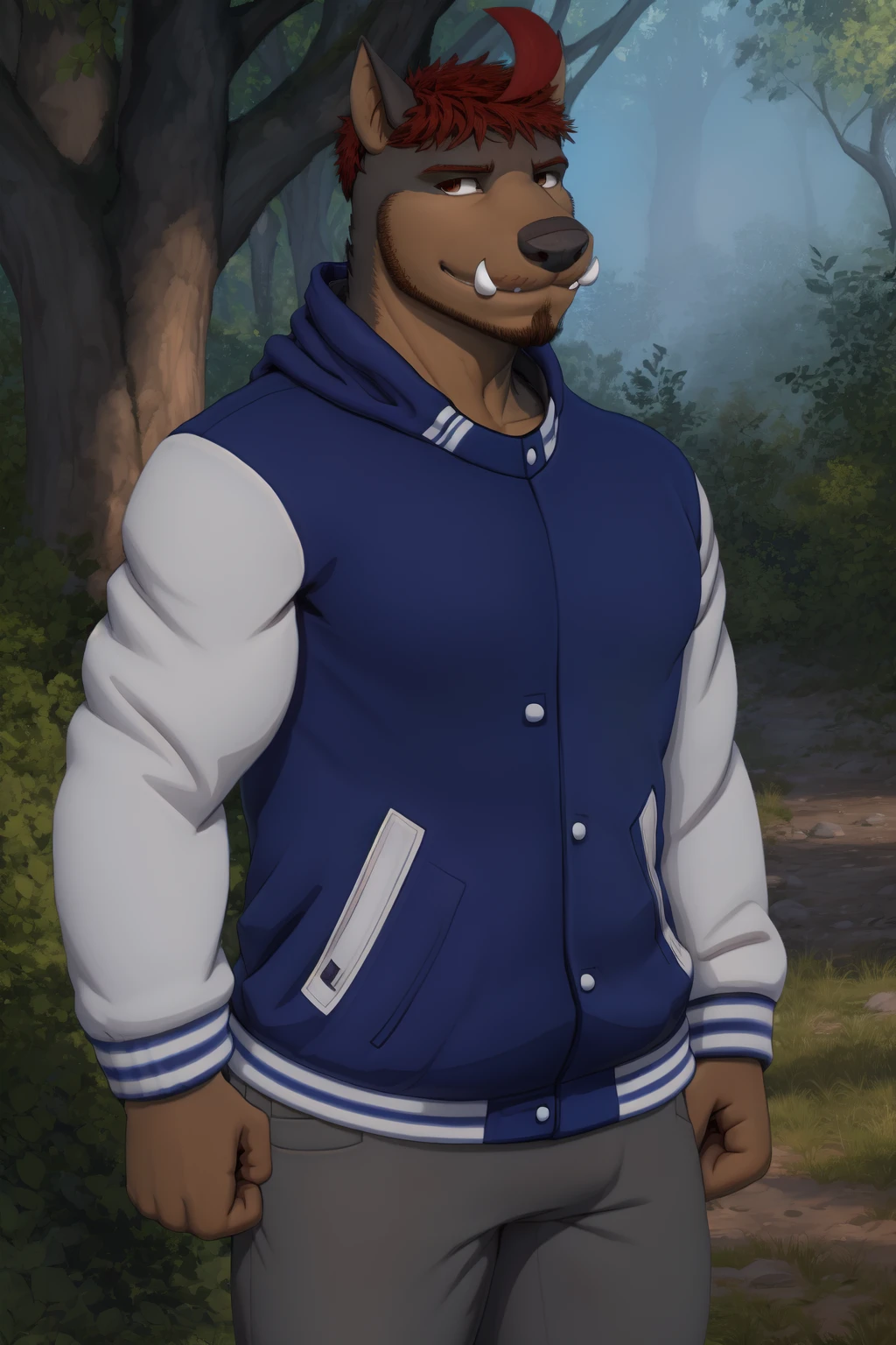 <lora:chad-09:1>, chadhze, red eyes, tusks, ahoge, (posing:1.3), (soft shading), 4k, hi res, ((detailed face, detailed)), by zackarry911, by zaush, (by personalami:0.5), smile, looking at viewer, 1boy, jacket, male focus, pants, forest, goatee, grey pants, letterman jacket,