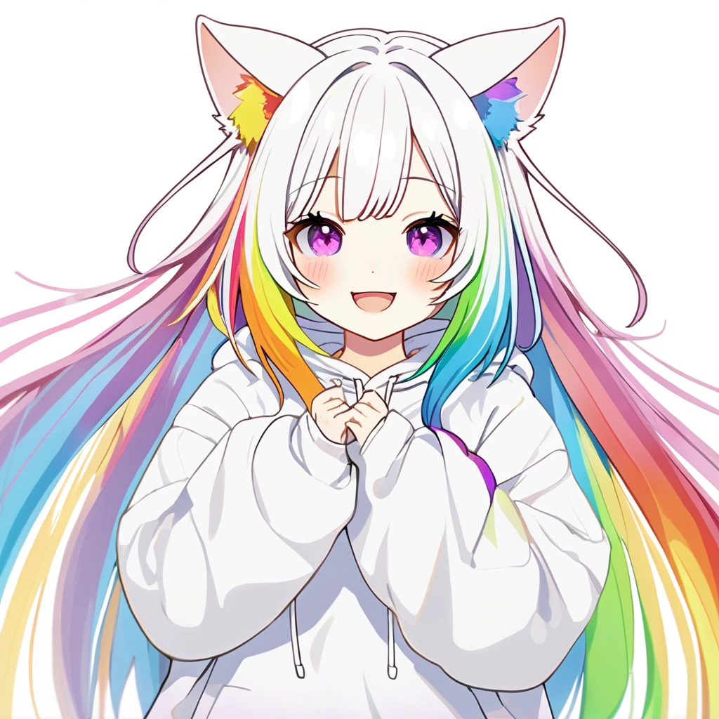 solo, oversized clothes, puffy sleeves, white hoodie, rainbow hair, cat ears, smile,
white background,