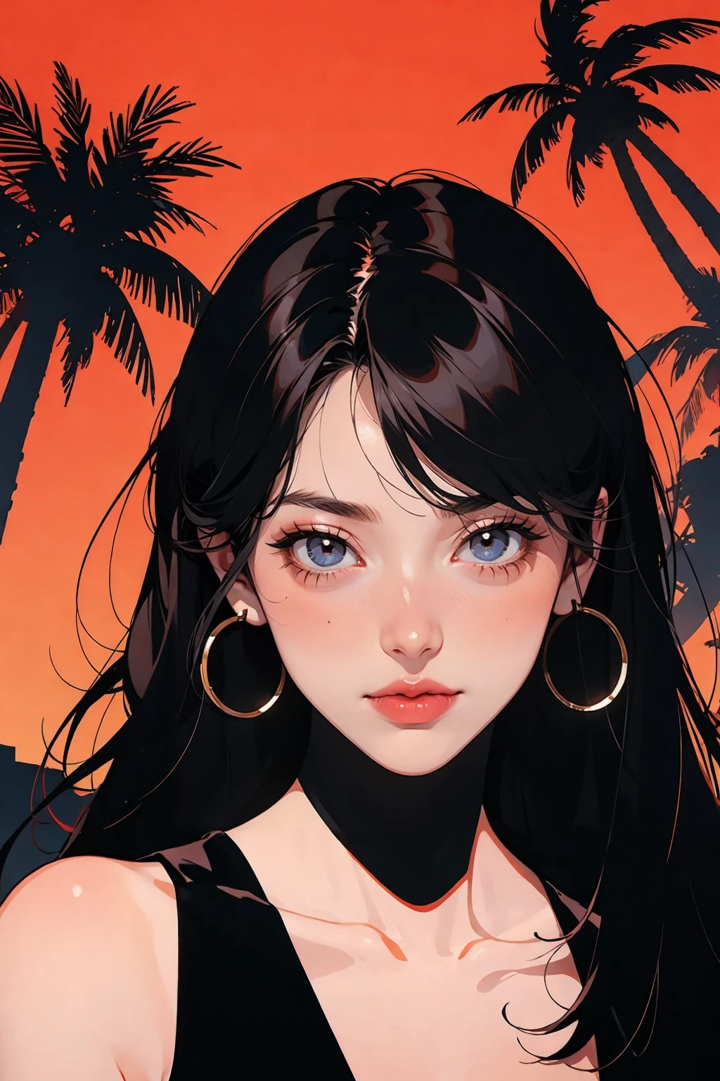 retro girl, Miami, sunset, Ferrari, palm tree, 90's, (flat colors, flat texture, lineart:1.2), graphical design, (heavy ink, ink blacks),