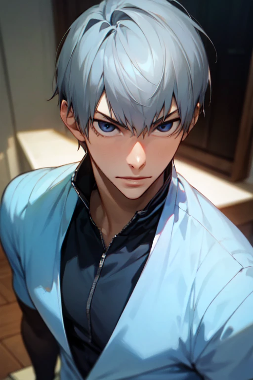 photorealistic, (4k), depth of field, (Masterpiece), (realistic skin texture), extremely detailed, intricate, hyper detailed, high resolution, professional photography, , depth of field, sharp detail, best quality, looking at viewer, 1boy, solo, male focus, <lora:yukinari_kuroda:0.84>, yukinari_kuroda, grey hair, blue eyes, swashbuckler costume, messy room, High resolution