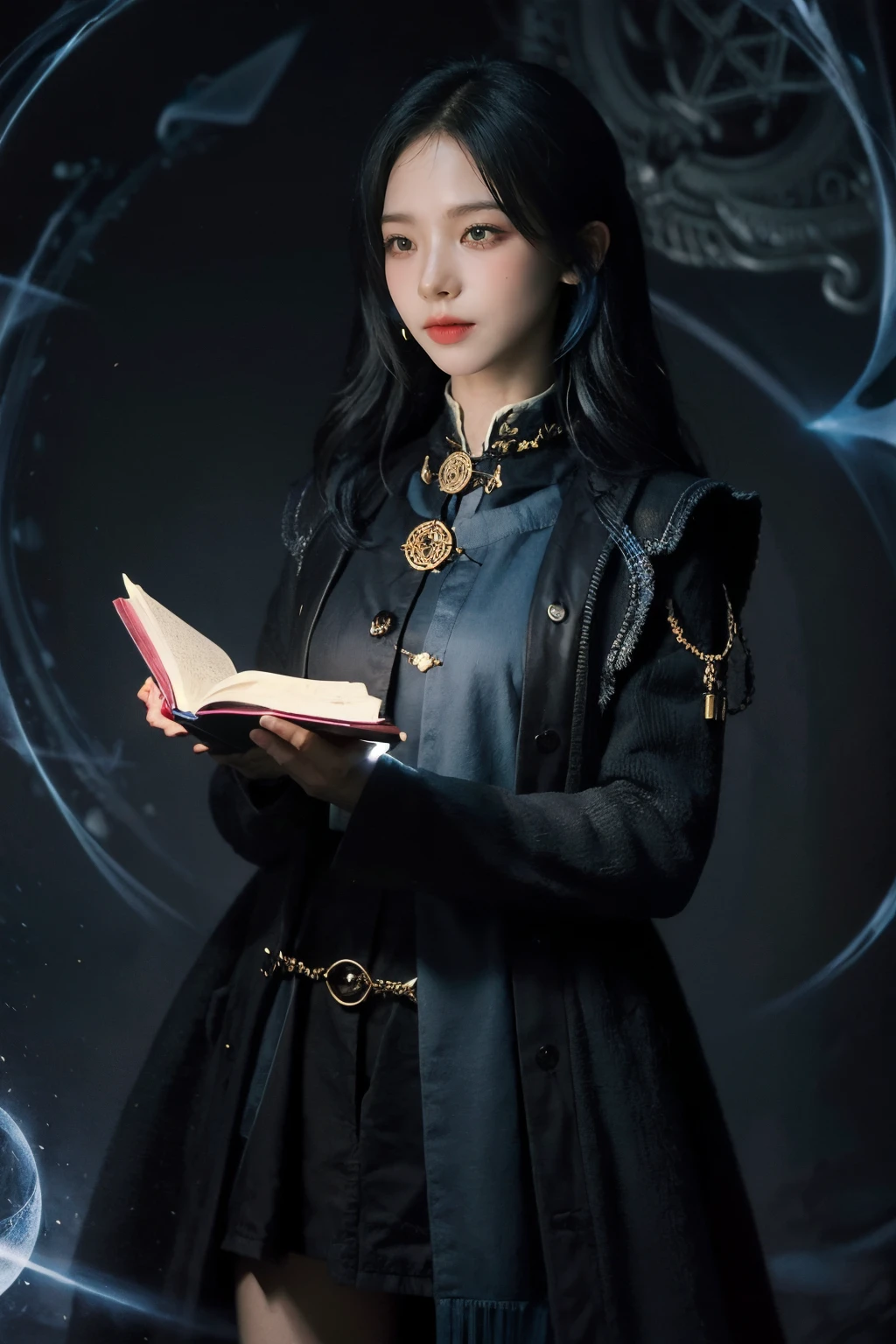 1 girl, cowboy shot, colorful, wallpaper, Unknown terror, arcane, Around the magic ,magic surrounds ,magic rod, book, pages flying all over the sky, Know it all, Predicting the Future, Know the past, Infinite wisdom, blue flame, Warlock, Magical Circle, Pentagram, incantation, mantra, Singing magic, magical circle, night background