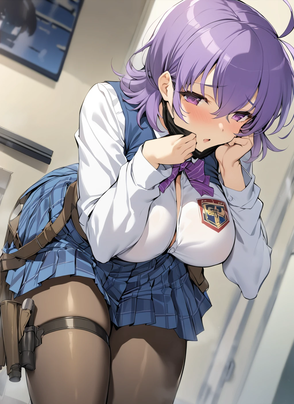masterpiece, best quality, kuroudo (senran kagura), 1girl, solo, breasts, skirt, purple hair, purple eyes, mouth mask, pantyhose, mask, short hair, school uniform, large breasts, striped, emblem, holster, ahoge, blue skirt, hands on own face, pleated skirt, shirt, thigh holster, <lora:senran kagura_kuroudo_xl:0.8>
