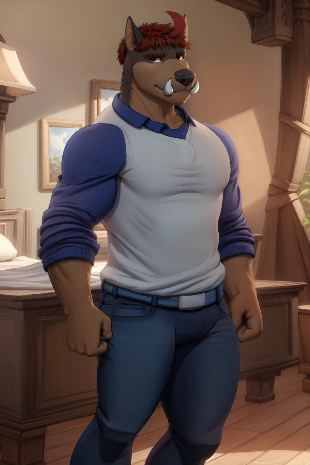 <lora:chad-09:1>, chadhze, red eyes, tusks, ahoge, (posing:1.3), (soft shading), 4k, hi res, ((detailed face, detailed)), by zackarry911, by zaush, (by personalami:0.5), shirt, 1boy, tail, male focus, thighs, pants, feet out of frame, thick thighs, denim, plump, jeans