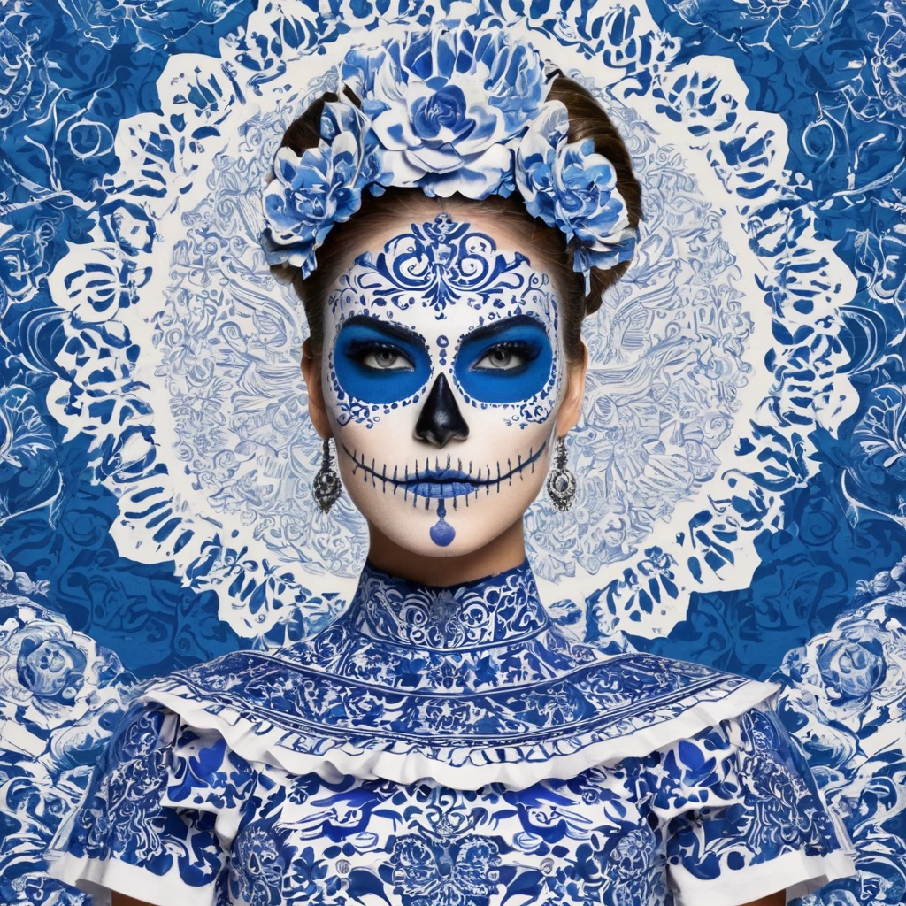 ((blue and white t1 skull makeup,mexican talavera dress)).k1t crown:1,sexy,mexican graffity background