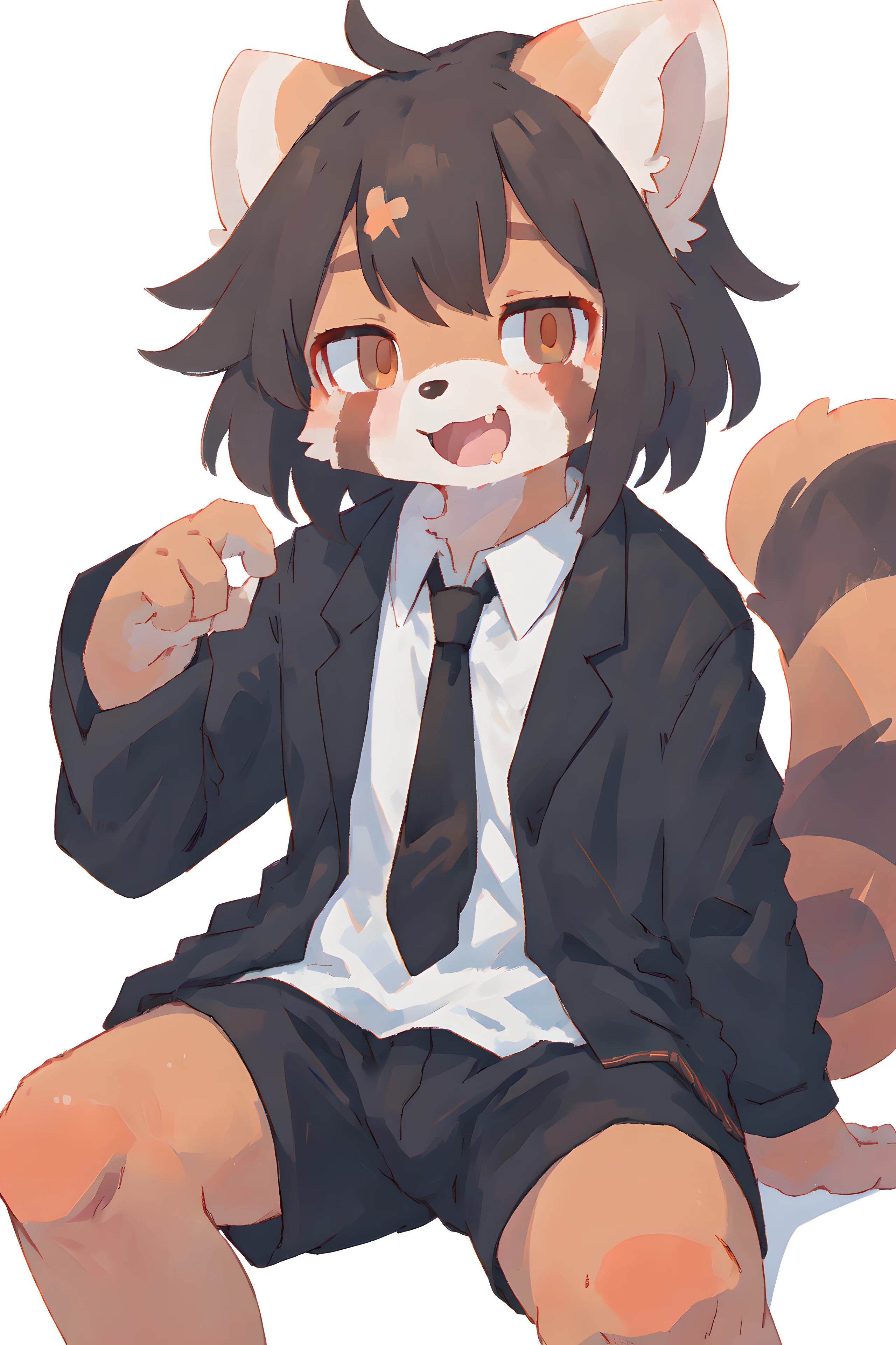 (white background:1.3), sitting, looking at viewer, short hair, brown hair, white ears, (red panda boy, red panda:1.3), white shirt:1.3), (black shorts collared shirt, long shirt, black necktie, 1boy, solo, :d, messy hair, bangs, orange eyes, fangs, long shirt, black jacket,child, (best quality, masterpiece, illustration, ultra-detailed:1.3), (anthro, furry, kemono:1.3)