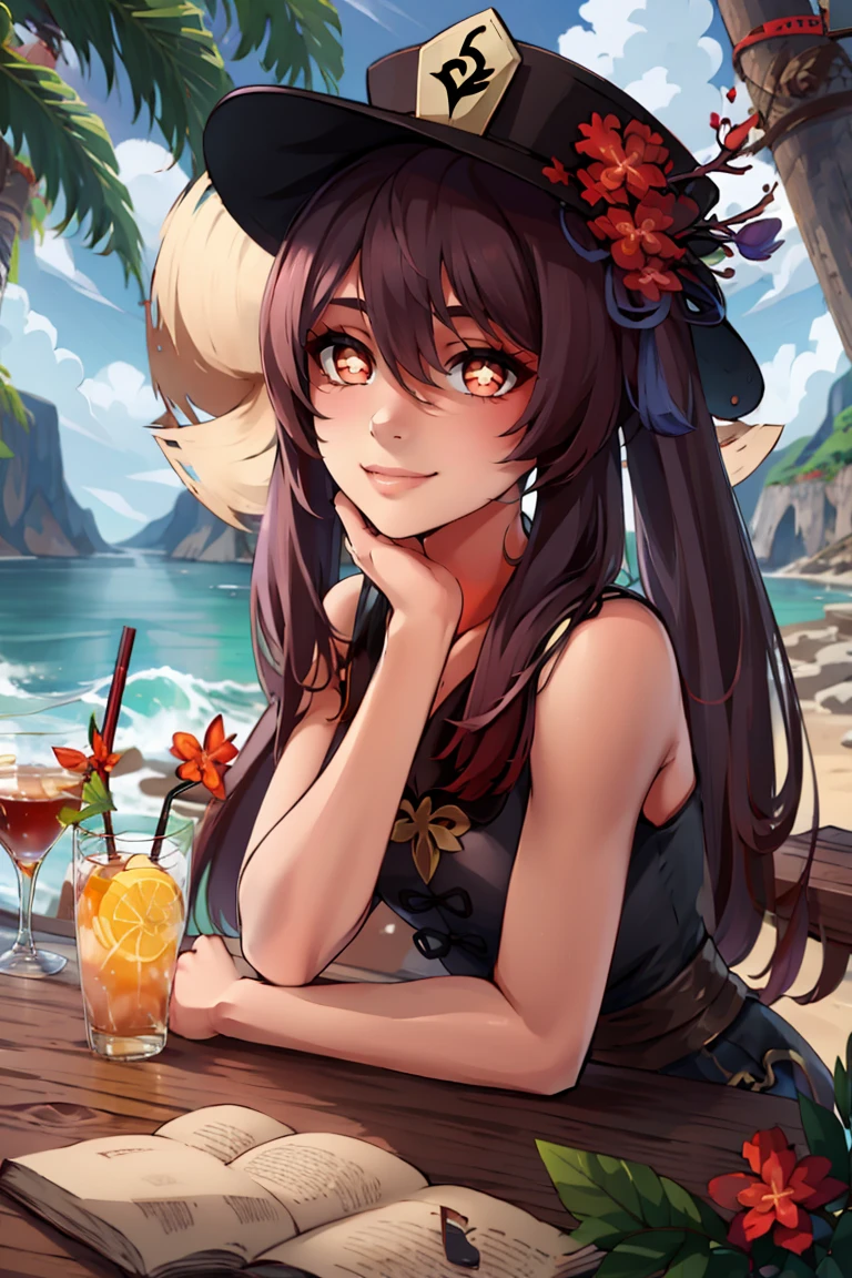 ((masterpiece,best quality)), absurdres, <lora:Hu_Tao_Genshin:0.8>, Hu_Tao_Genshin, 1girl, solo, long hair, red eyes, brown eyes, flower-shaped pupils, twintails, hu tao \(genshin impact\), smile, looking at viewer, cowboy shot,sitting at table, vivid detailed tropical drink, two straws, white sundress, sun hat, flowing winds, sunny, outdoors, upper body,