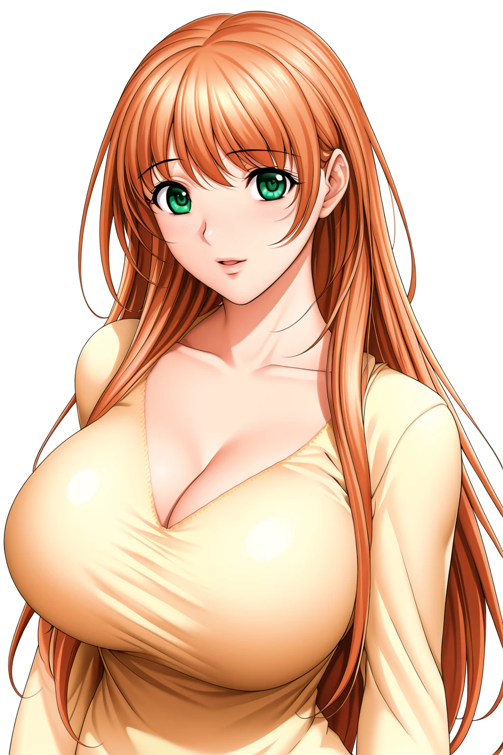 Simple White Background,
yellow shirt,long sleeves,collarbone, cleavage,
<lora:Aoi_Ren_AkibaGirls-KK77-V1:0.7>,
green eyes, Orange hair,bangs,Long hair,
<lora:Oda_Non_Style-KK77-V2:0.3>,<lora:more_details:0.1>,
1 girl, 20yo,Young female,Beautiful long legs,Beautiful body,
Beautiful Nose,Beautiful character design, perfect eyes, perfect face,expressive eyes,perfect balance,
looking at viewer,(Focus on her face),closed mouth, (innocent_big_eyes:1.0),(Light_Smile:0.3),
official art,extremely detailed CG unity 8k wallpaper, perfect lighting,Colorful, Bright_Front_face_Lighting,White skin,
(masterpiece:1.0),(best_quality:1.0), ultra high res,4K,ultra-detailed,
photography, 8K, HDR, highres, absurdres:1.2, Kodak portra 400, film grain, blurry background, bokeh:1.2, lens flare, (vibrant_color:1.2),professional photograph,
(Beautiful,large_Breasts:1.4), (beautiful_face:1.5),(narrow_waist),