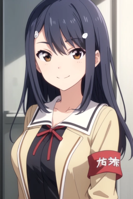 ((masterpiece)),(best quality),official art,extremely detailed CG,unity 8k wallpaper,ultra detailed,beautiful detailed eyes,extremely detailed face,1girl,solo,upper body,(portrait:1.5),looking at viewer,facing viewer,smile,long_hair,blue_hair,hair_ornament,hairclip,bangs,brown_eyes,collarbone,school_uniform,beige jacket,open jacket,neck_ribbon,red_ribbon,armband,black dress,large breasts,long sleeves,black skirt,pleated skirt,black_pantyhose,loafers,<lora:Public Morals Chairman(ag)>,