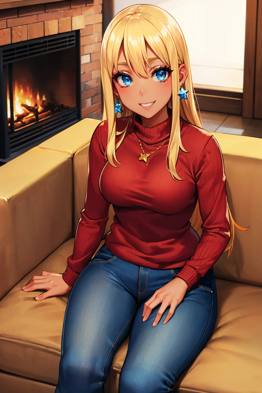 masterpiece, best quality, <lora:yoshidasaki-nvwls-v1-000008:0.9> altSaki, blue eyes, blonde hair, star earrings, (tan:1.5), red sweater, jeans, sitting, couch, fireplace, smile, happy, looking at viewer