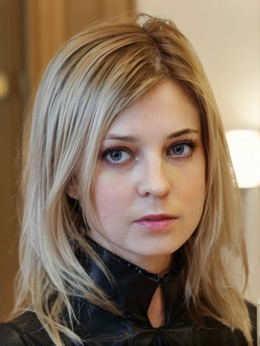 a beautiful picture of natpok, masterpiece, photorealistic, woman, detailed face, 4k, light, RAW color photo,(fully in frame:1.1), detailed skin texture, (blush:0.5), (goosebumps:0.5),pale blonde hair,(paris:1.2) bedroom,wearing a (latex outfit:1.2)<lora:natpok2:1>
