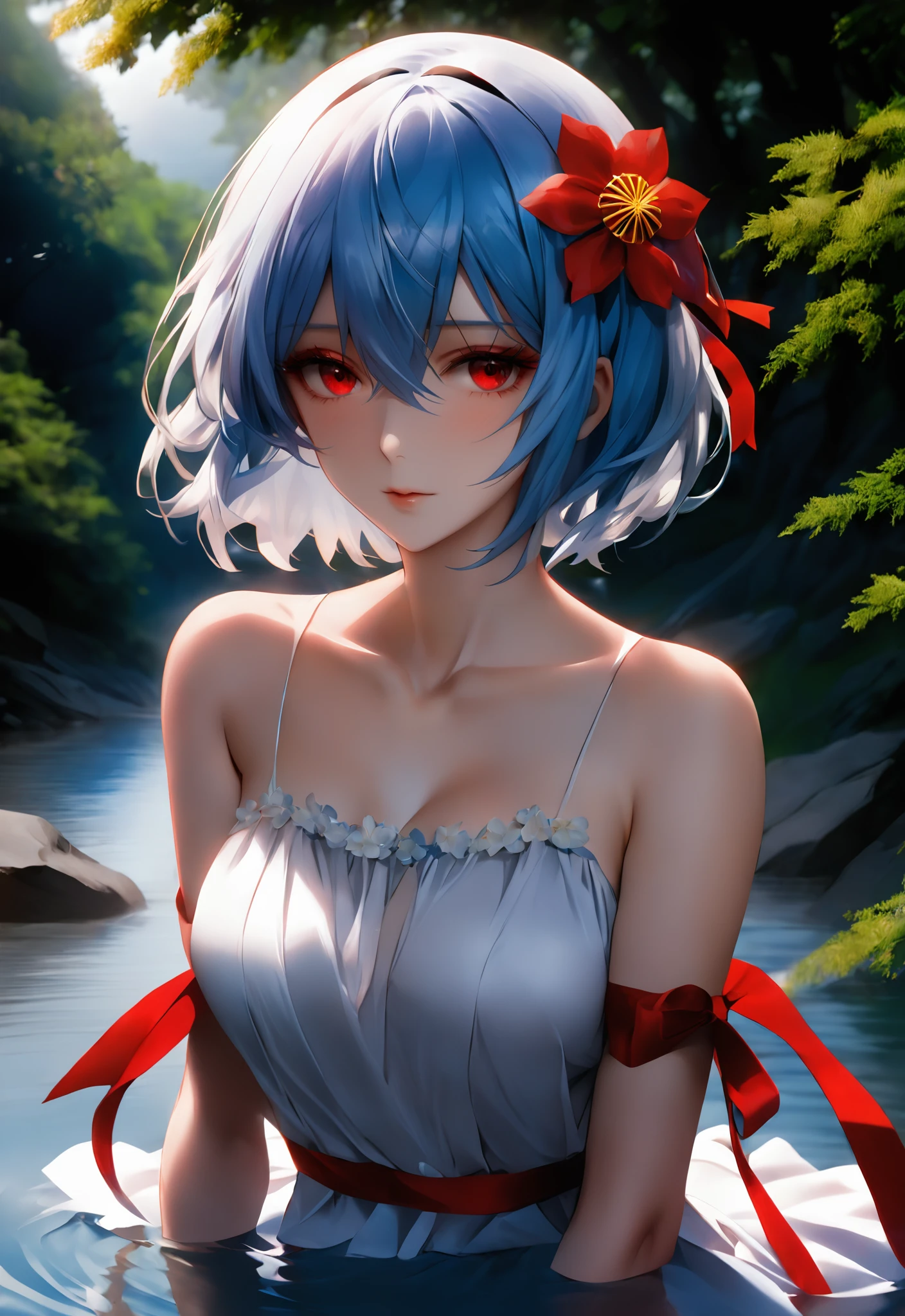 1girl, solo, breasts, looking at viewer, short hair, bangs, hair ornament, red eyes, dress, ribbon, hair between eyes, bare shoulders, blue hair, flower, outdoors, sleeveless, water, white dress, red ribbon, sleeveless dress, nature, wading, ayanami rei