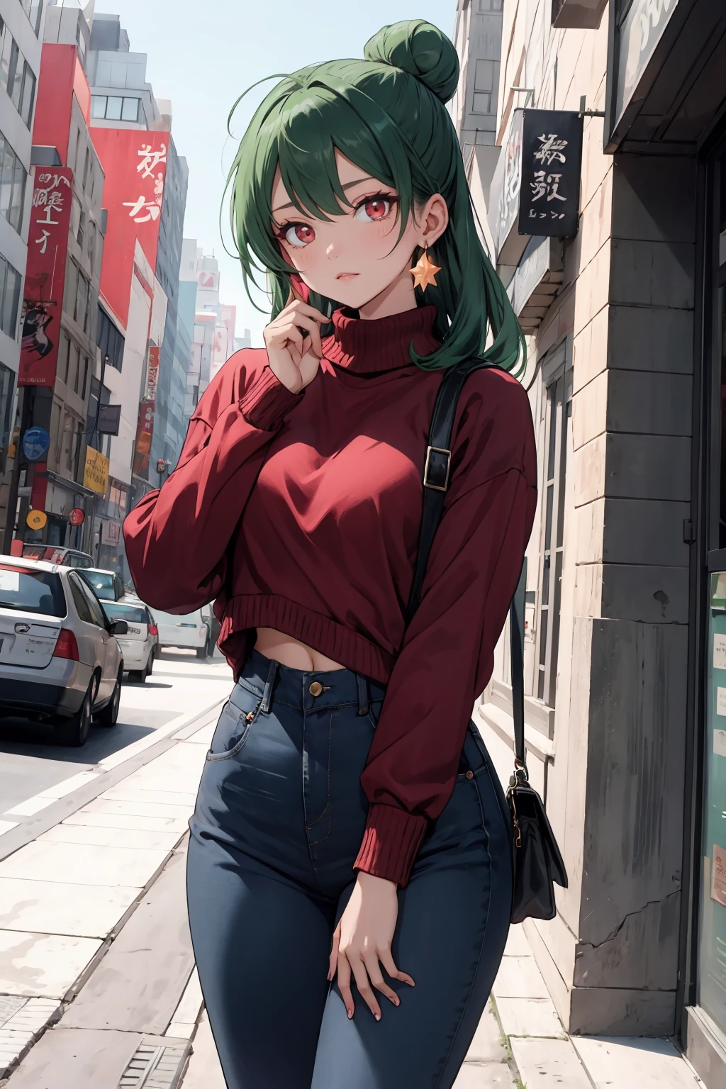 (masterpiece), 1girl, solo, perfect sexy female body, anime screencap,1990s \(style\), (art by Naoko Takeuchi), city, street, sidewalk, taxi, skyscraper, looking at viewer,<lora:EPsmPluto-08:0.7>, EPsmPluto, 1girl,  green hair, grey bow, hair bun, sing, long hair, looking at viewer, red eyes,star earrings
BREAK
red sweater, turtleneck
BREAK
jeans