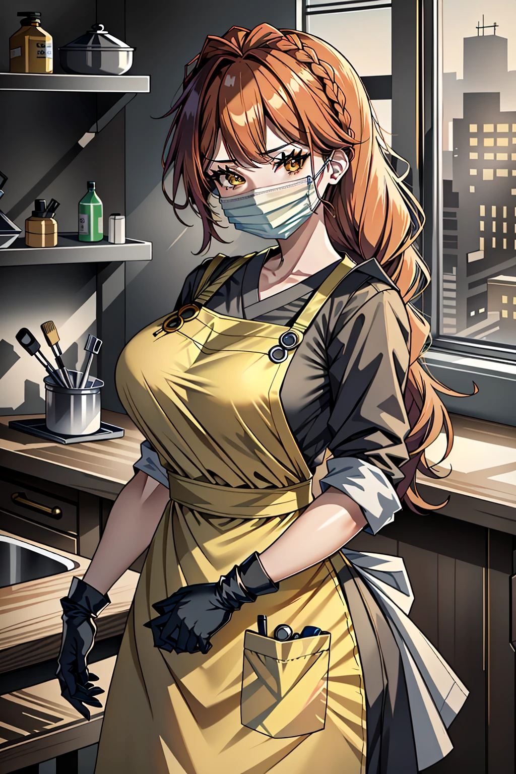 ((masterpiece, best quality, high quality)),1girl, <lora:Lydia Granger:0.7> (lydia granger, oc 07, 1girl, long hair, large breasts, yellow_eyes, red_hair, swept bangs, crown braid), <lora:Apron Doc v2:0.9> ((doctor_apron, apron, mask, gloves, surgical mask,scrubs)),