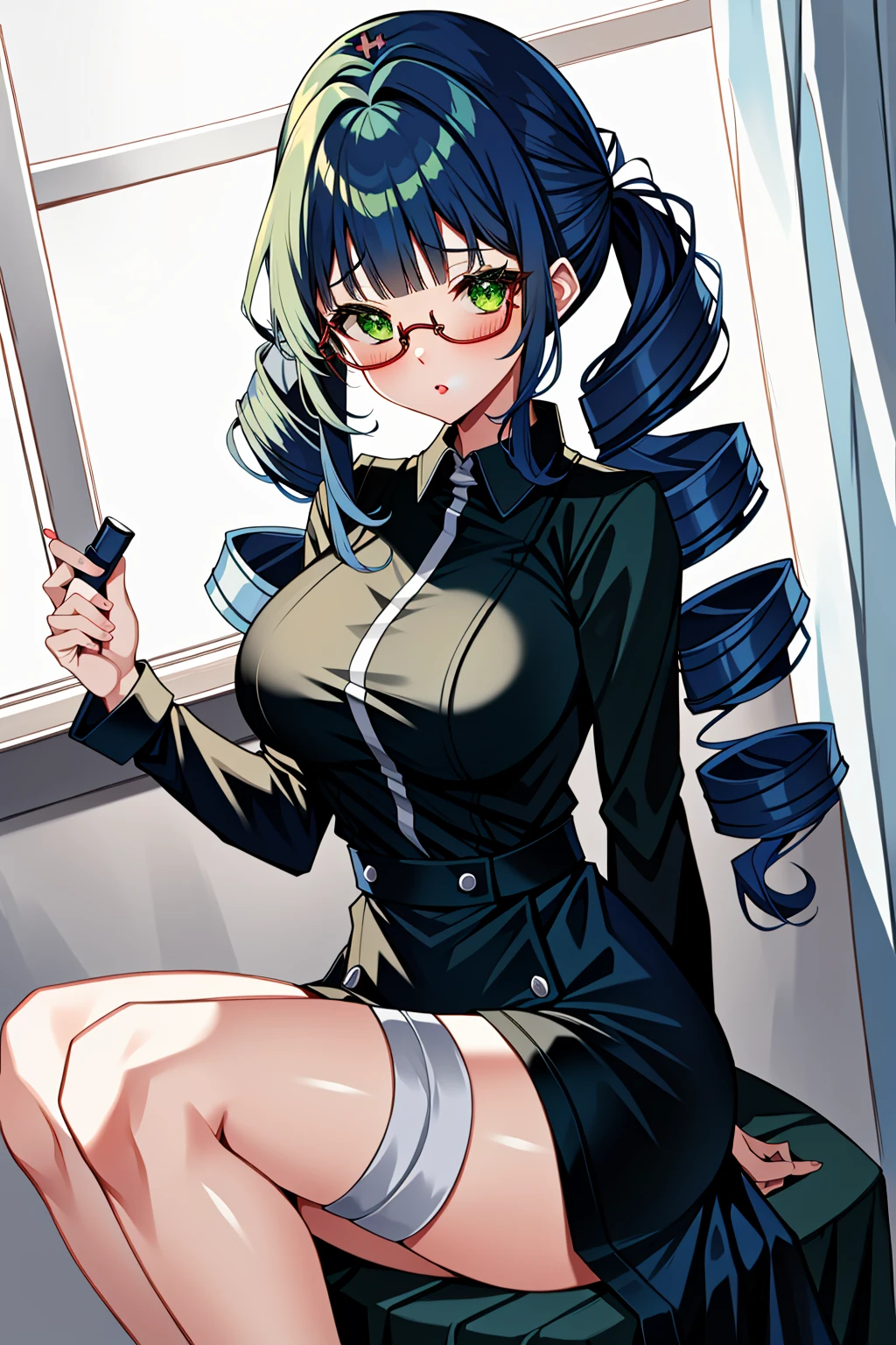 ((masterpiece, best quality, high quality)),1girl, <lora:Natalie Griffin:0.7> (natalie griffin, oc ch8, 1girl, long hair, hair ornament, green eyes, glasses, blunt bangs, drill hair, twin drills, drill_curls, drill locks, mature_female, hairclip, dark blue hair), <lora:Long Skirt Nurse V2:0.8> (nurse_uniform_long_3, gloves, apron, nurse cap, nurse,long dress),