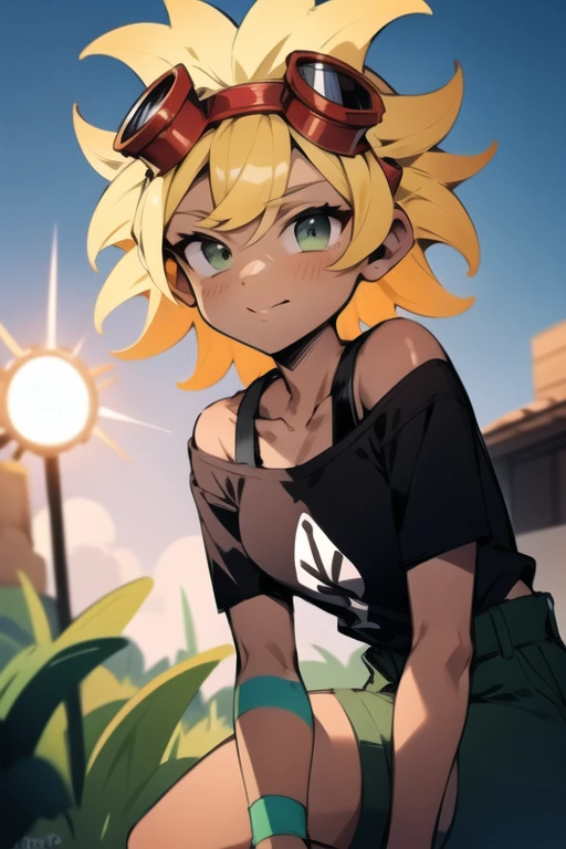 ((masterpiece)), ((pale skin)), (bokeh effect), (dynamic angle), sharp eyes, (solo:1.2), (female:1.1), (blonde:1.1), (orange sweater:1.5), (green short skirt:1.5), (short hair:1.1), bare shoulders, (black thighhighs:1.2), (sleeveless:1.2), (turtleneck:1.2), ((bold outline))