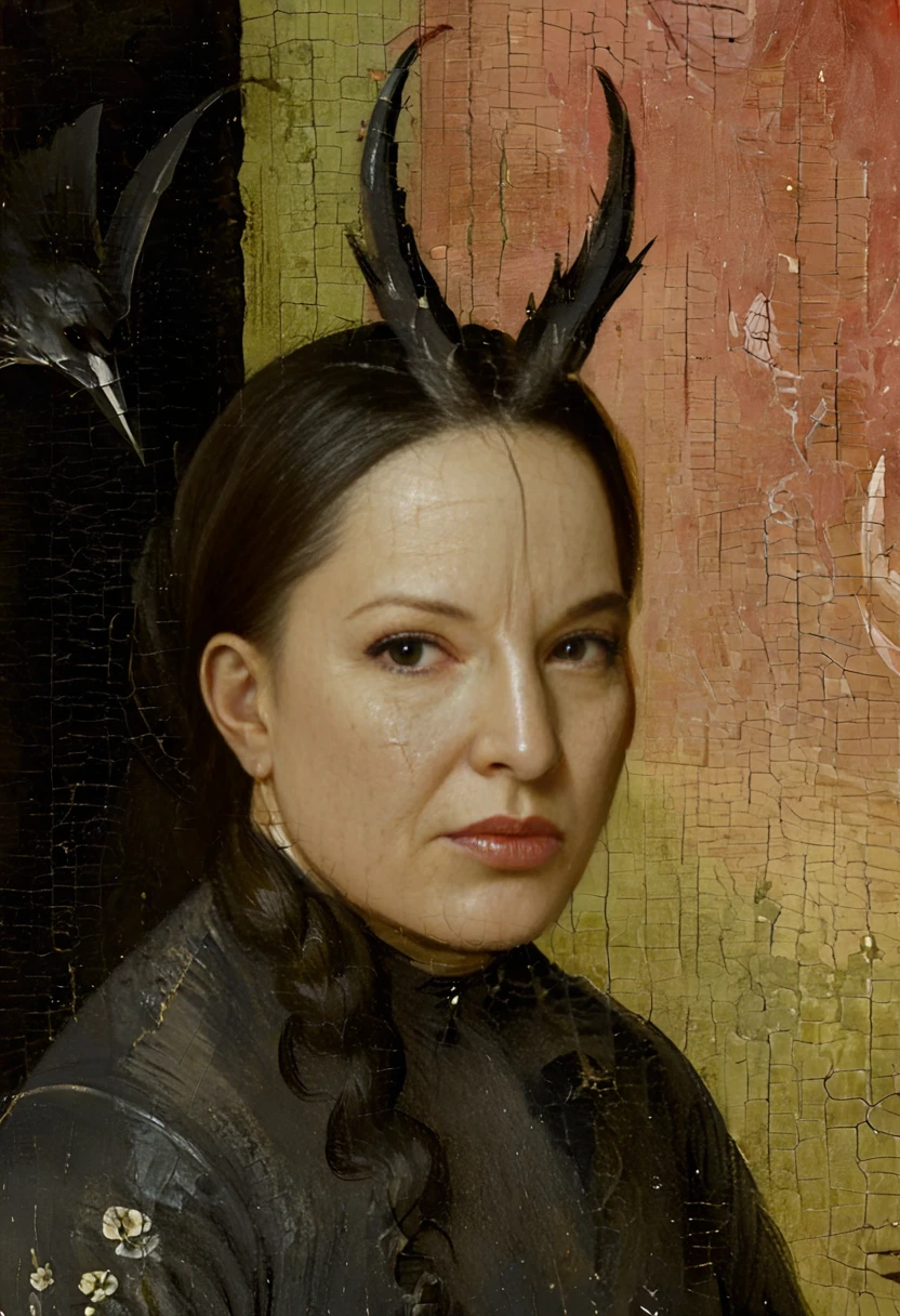 Gothic style closeup portrait of ((Marina Abramovic)) <lora:MarinaAbramovicXL-128:1> <lora:Bosch_Creatures:1> Bosch_Creatures, Cracked Paint Texture, Hieronymus Bosch Creature Style . Dark, mysterious, haunting, dramatic, ornate, detailed