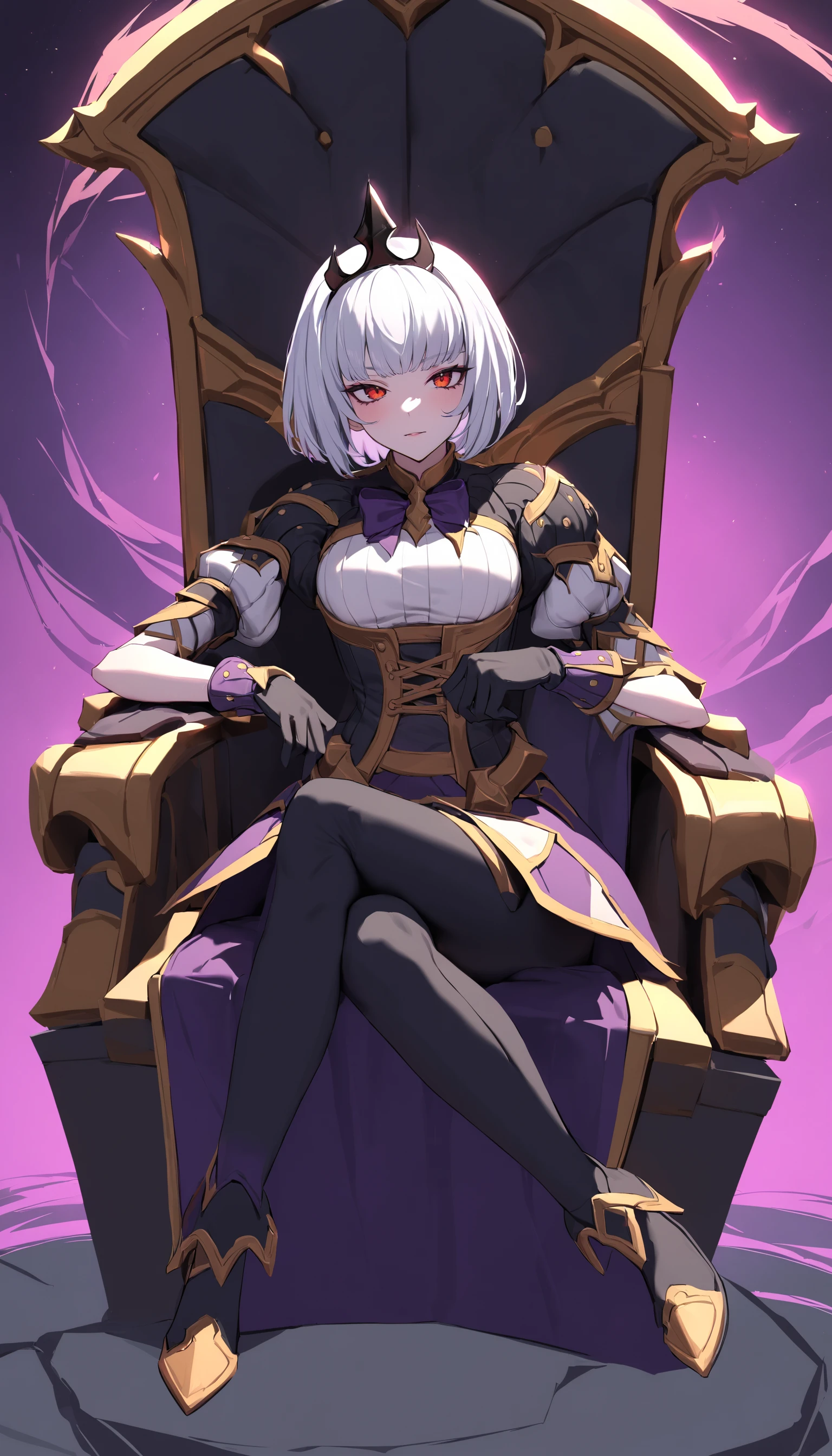 ((Sakura Matou)), anime girl sitting on a chair, purple hair, feet, best quality, high quality, 8k, high-tech suit