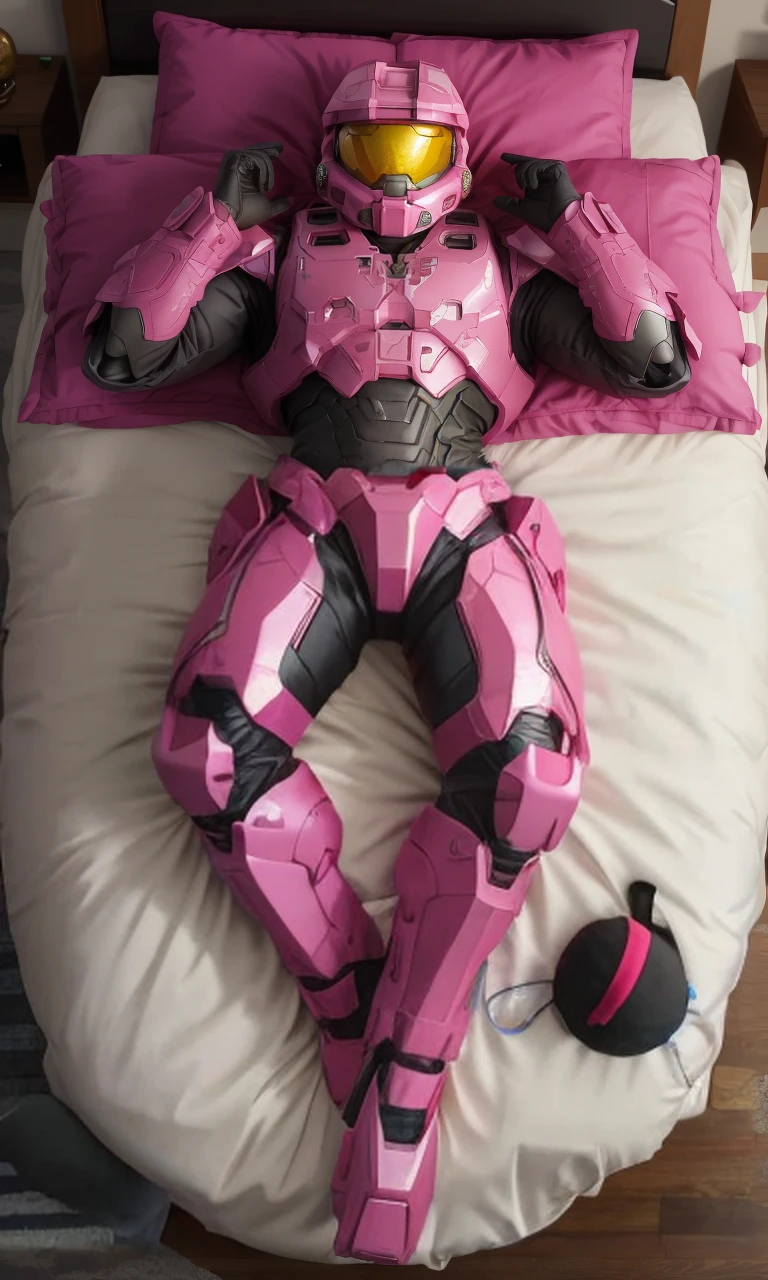 TheLoveChief2024, best quality, armor, helmet, master chief, full body, lying on heart-shaped pillows, from above, pov